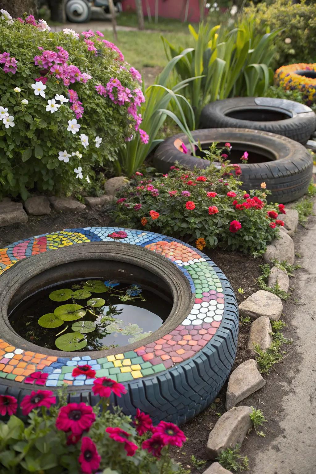A tire water pond adorned with dynamic mosaic tiles.