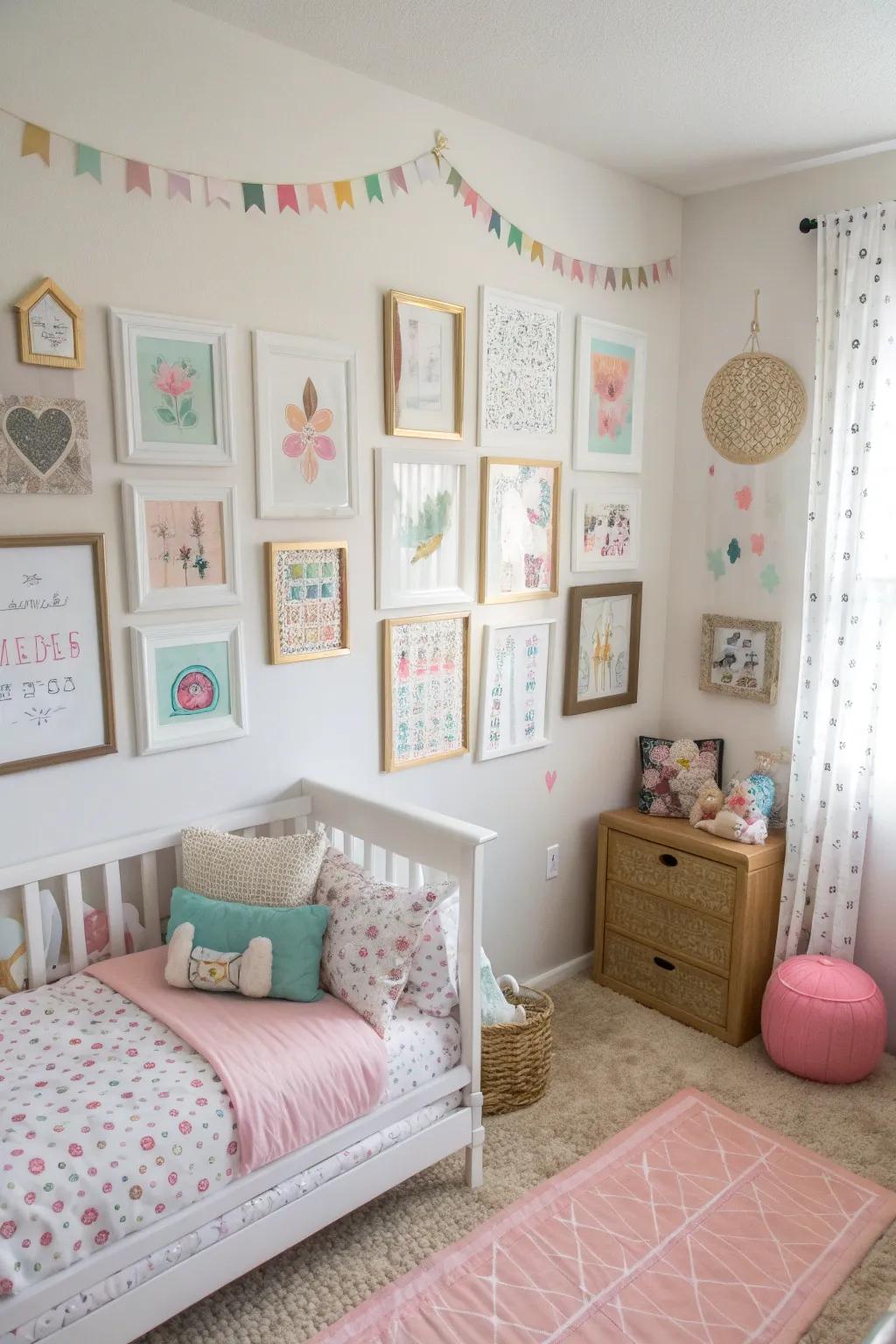 A themed gallery wall surface includes motivating and individual touches to your young girl's room.