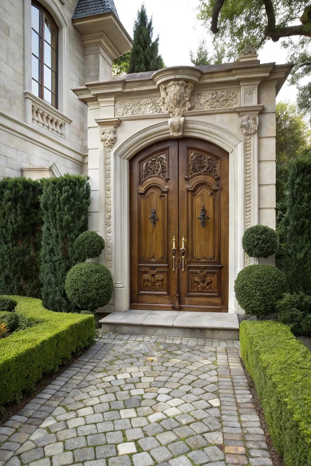 Paired fixtures present a grand and inviting entrance.