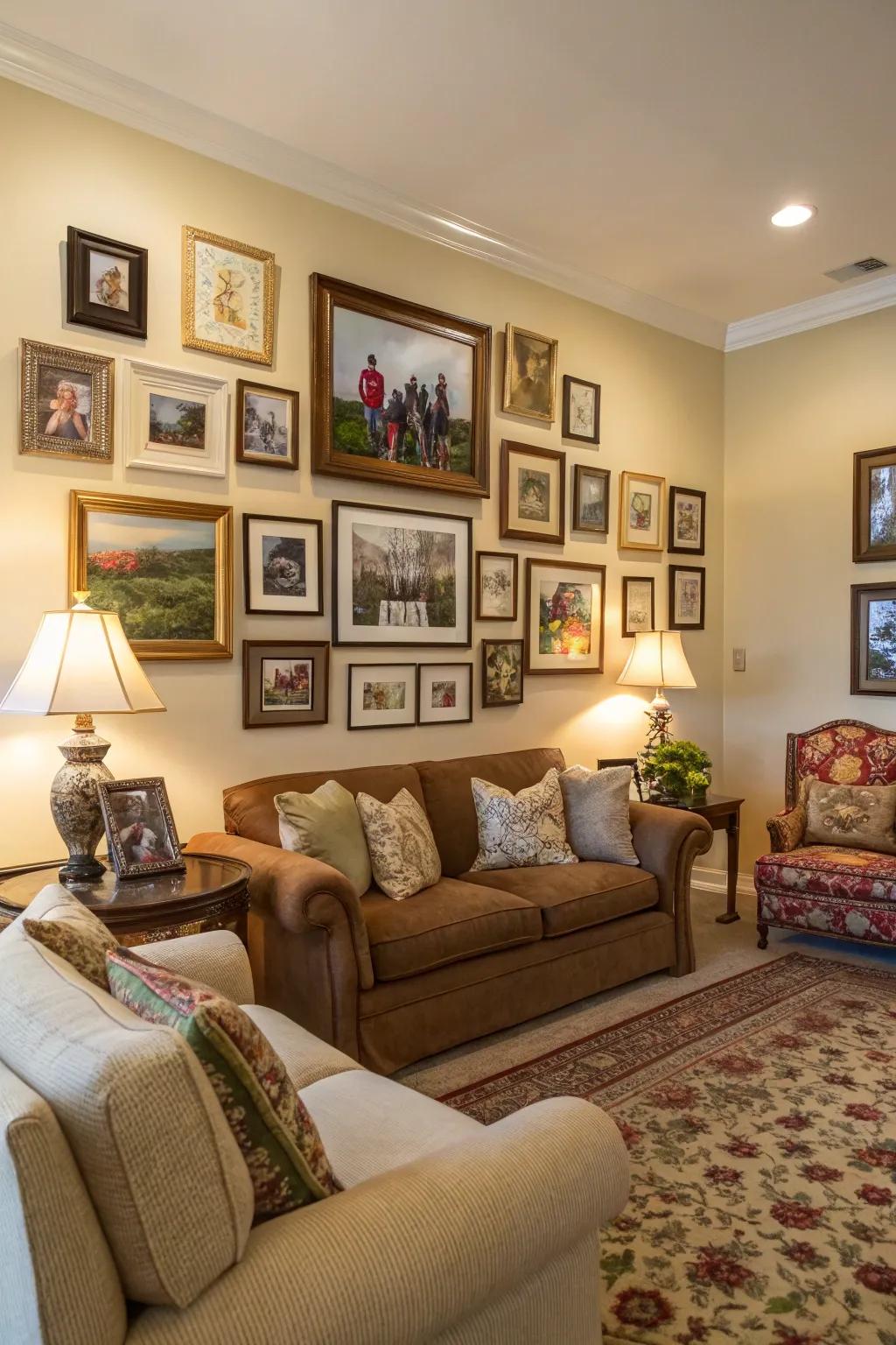 A display wall adds personality to this classic living room.