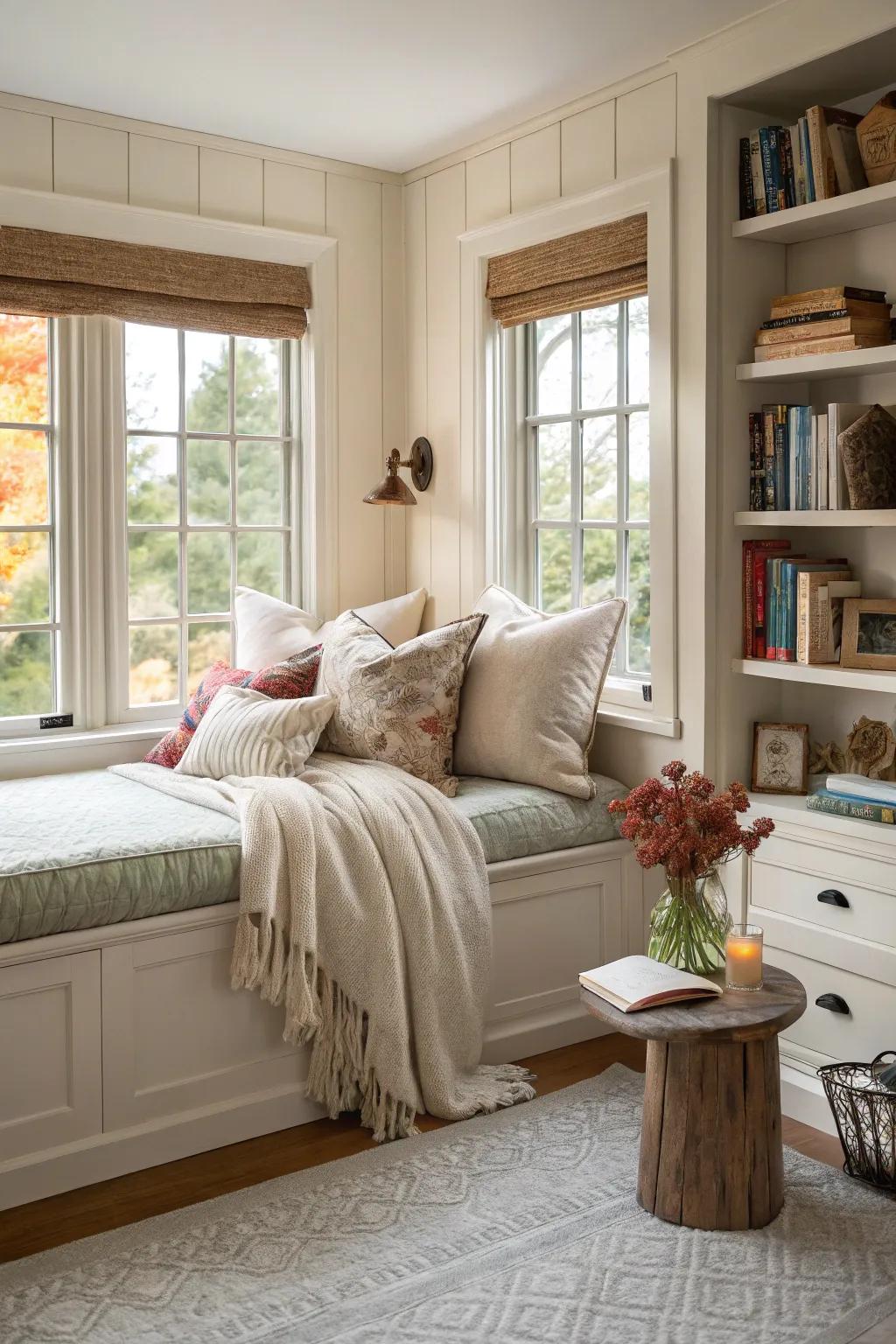 A window bench introduces allure and comfort.