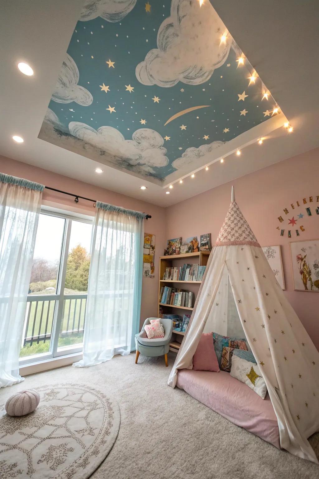 A fanciful room showcases a tray ceiling embellished with a celestial-themed mural.