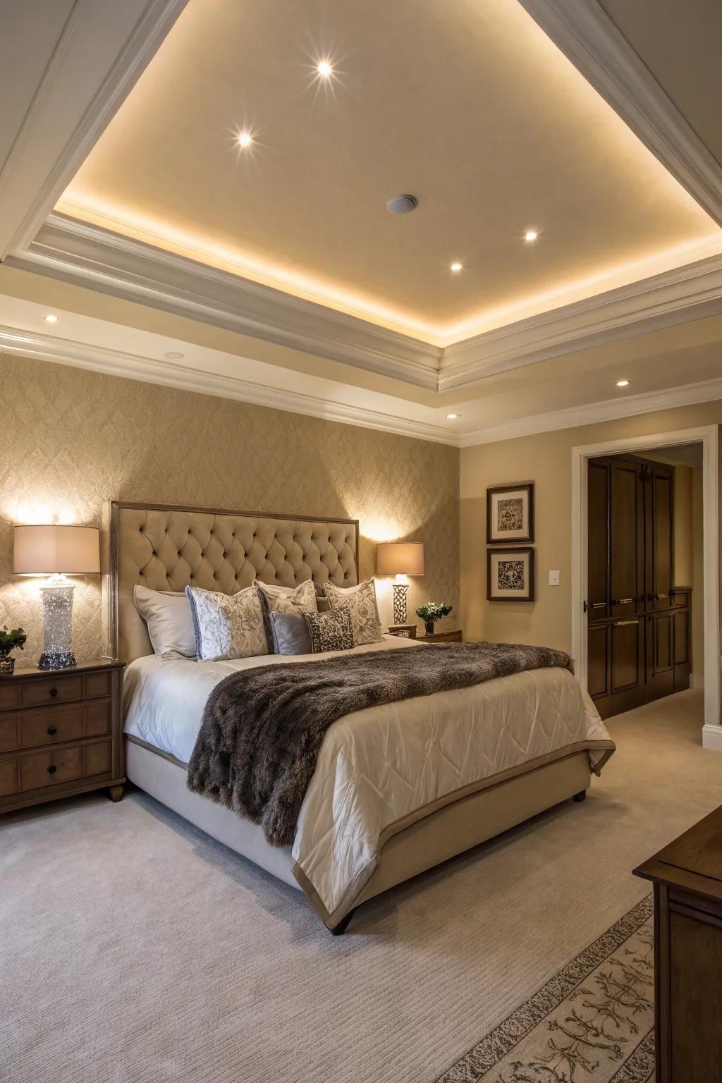 An elegant bedroom is bathed in the gentle glow of cove lighting.
