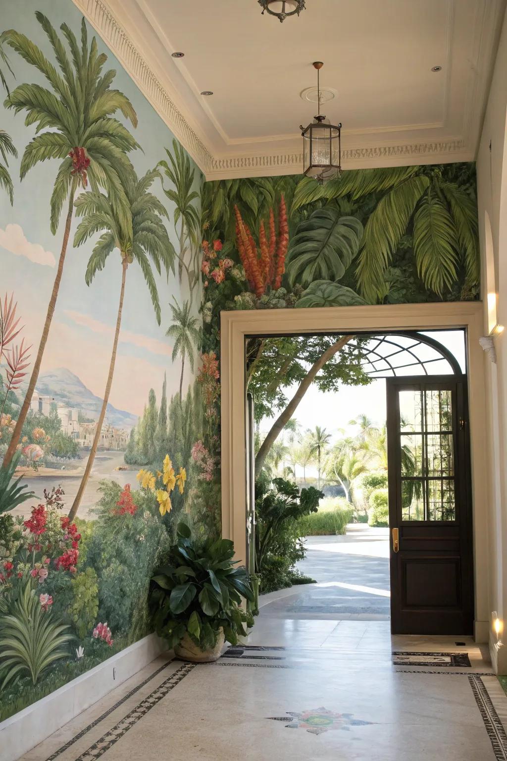 A wall depiction establishes a stunning visual focal element in your entryway.