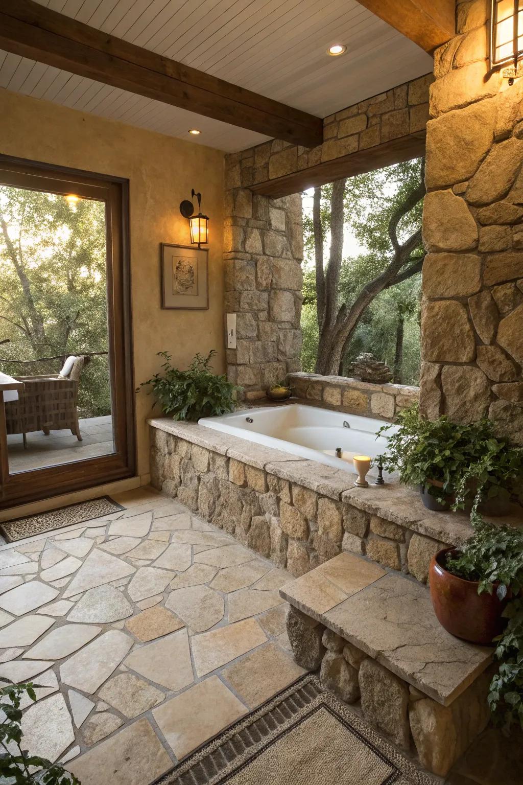 A serene tub deck with earthy rough stone accents.