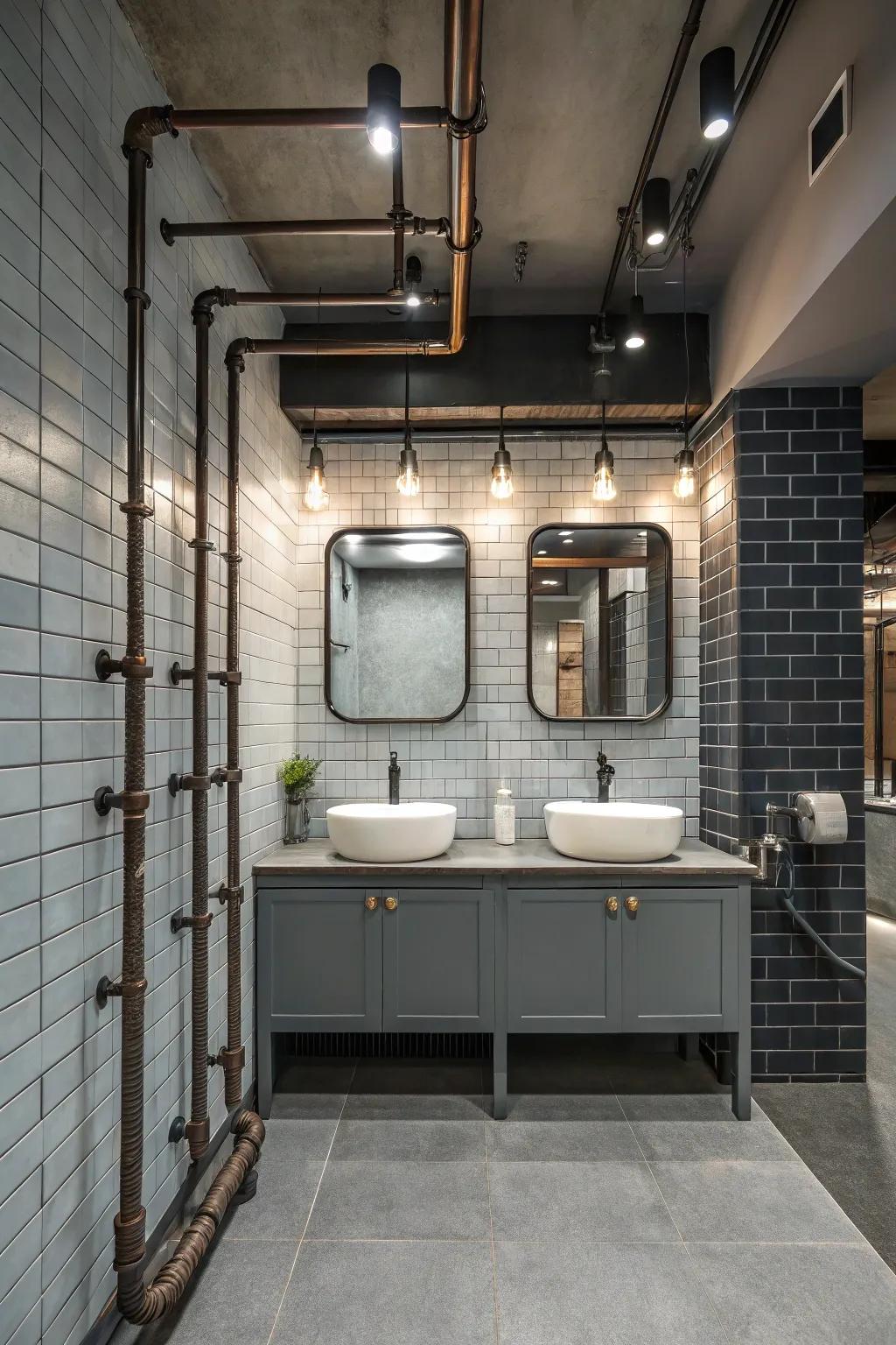 Exposed tubing introduces a sense of industrial panache to the tub-in-shower bathroom.
