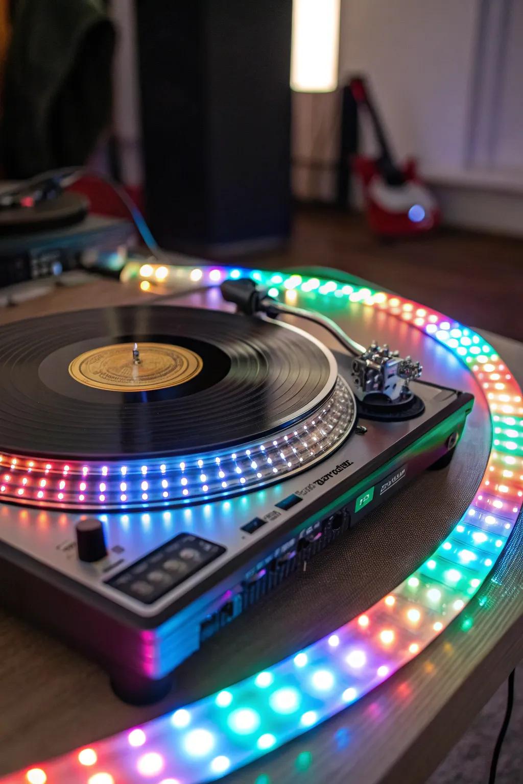 Music-responsive LED bands creating a dynamic light display.