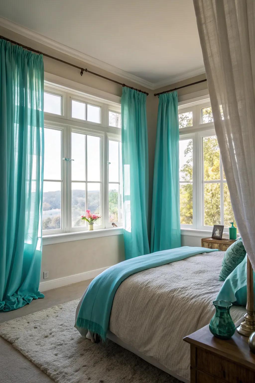 Azure window hangings soften the degree of illumination and enhance the atmosphere of this bedroom.