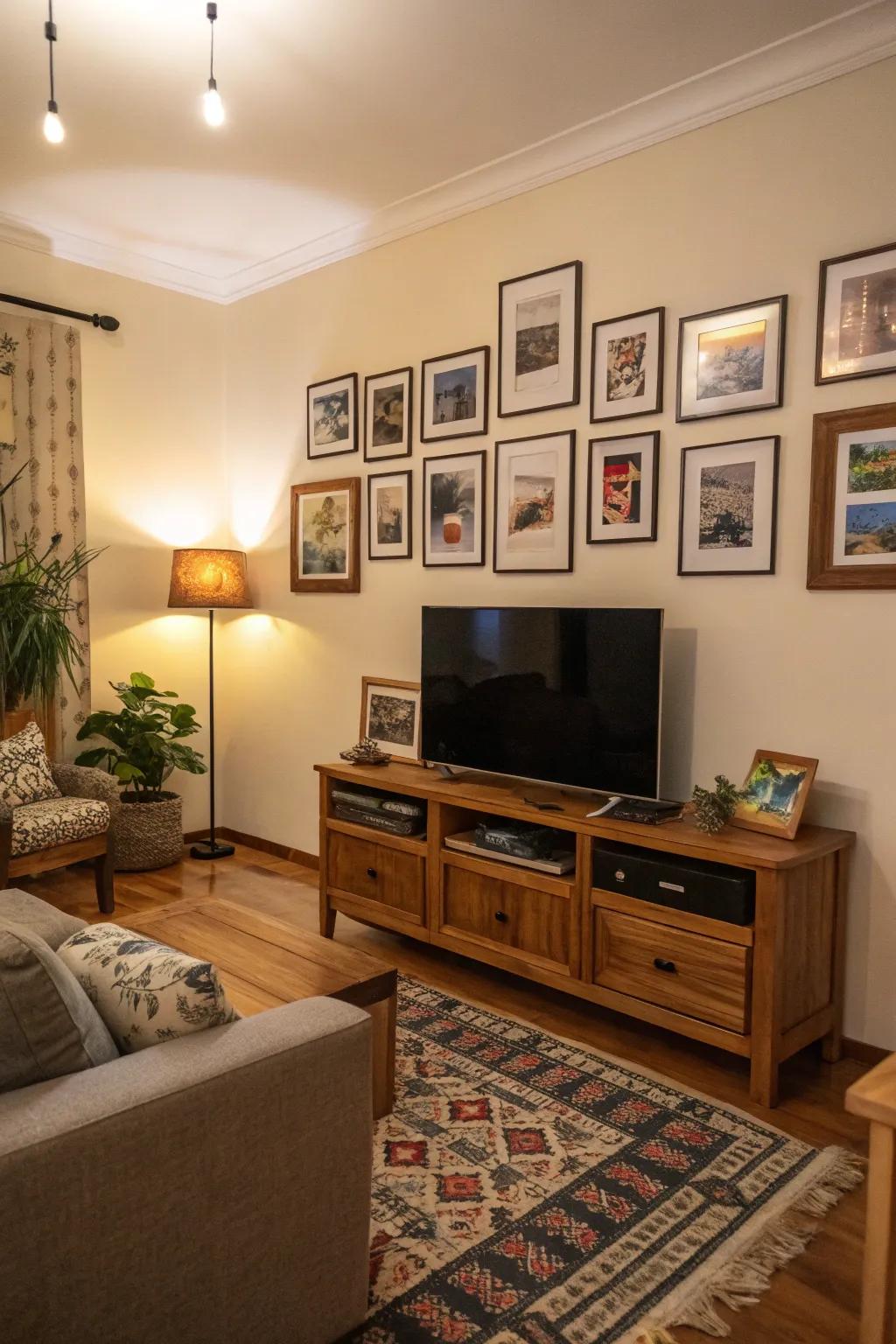 A TV wall enclosed by a personal gallery of photos.