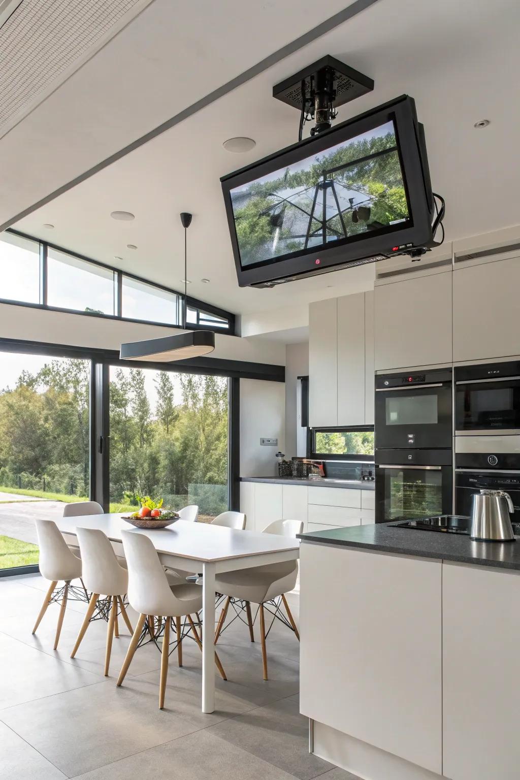 An overhead-attached display in the cooking area, offering flexible viewing angles.