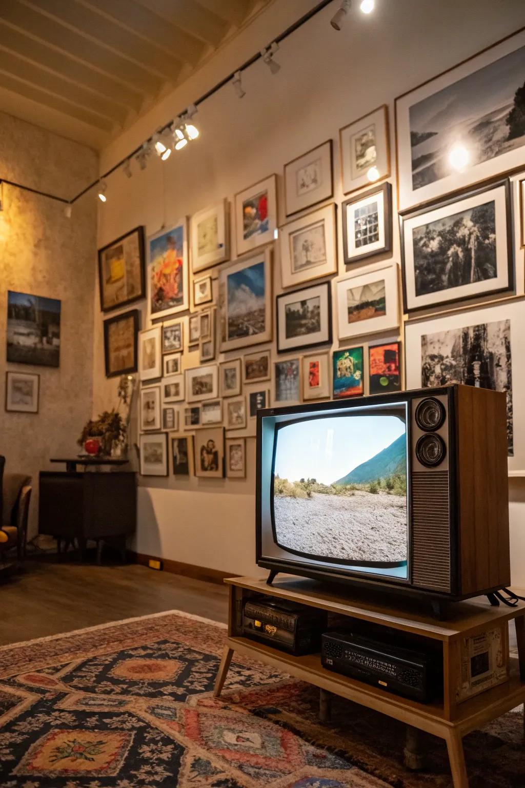 Gallery walls turn TVs into artistic focal points.