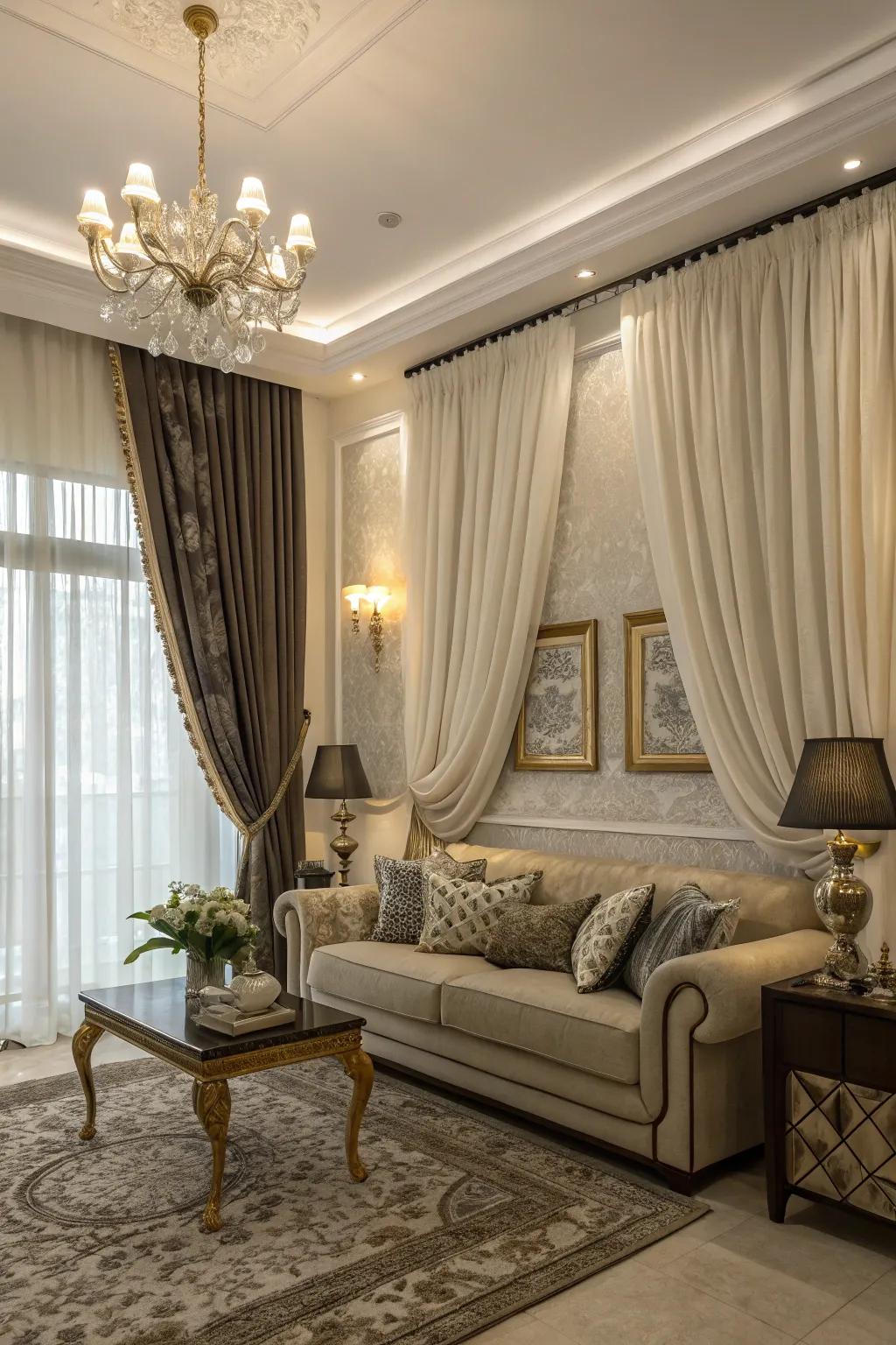 Layered two-tone window dressings with translucent materials for a stylish and functional drawing room.