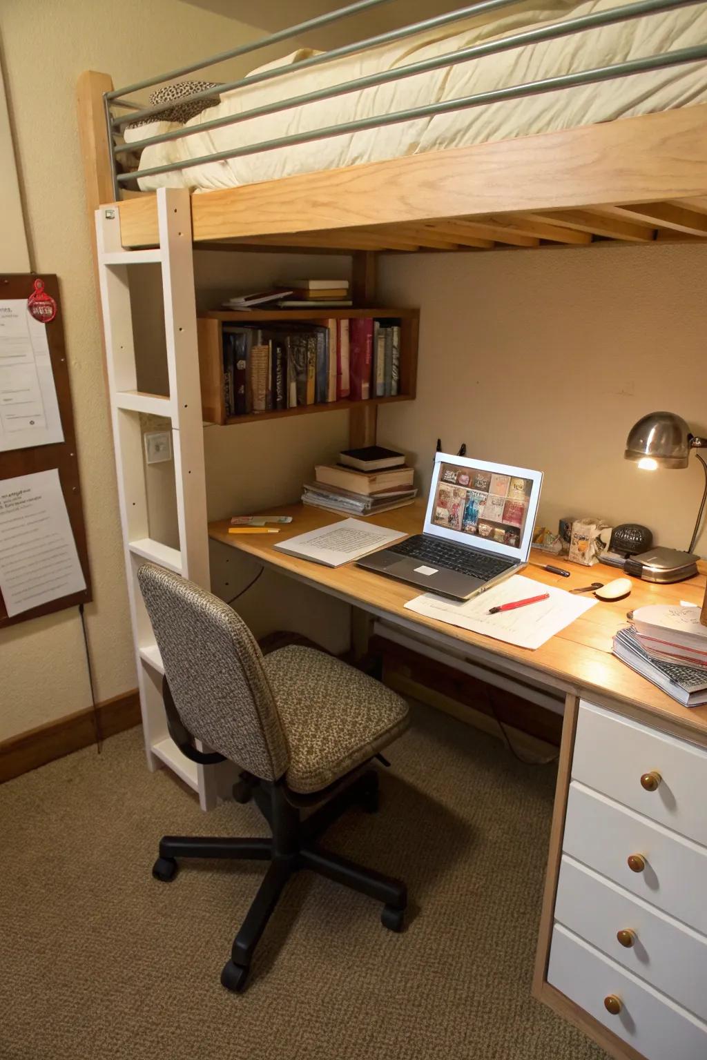A productive mini office underneath the bunk bed.