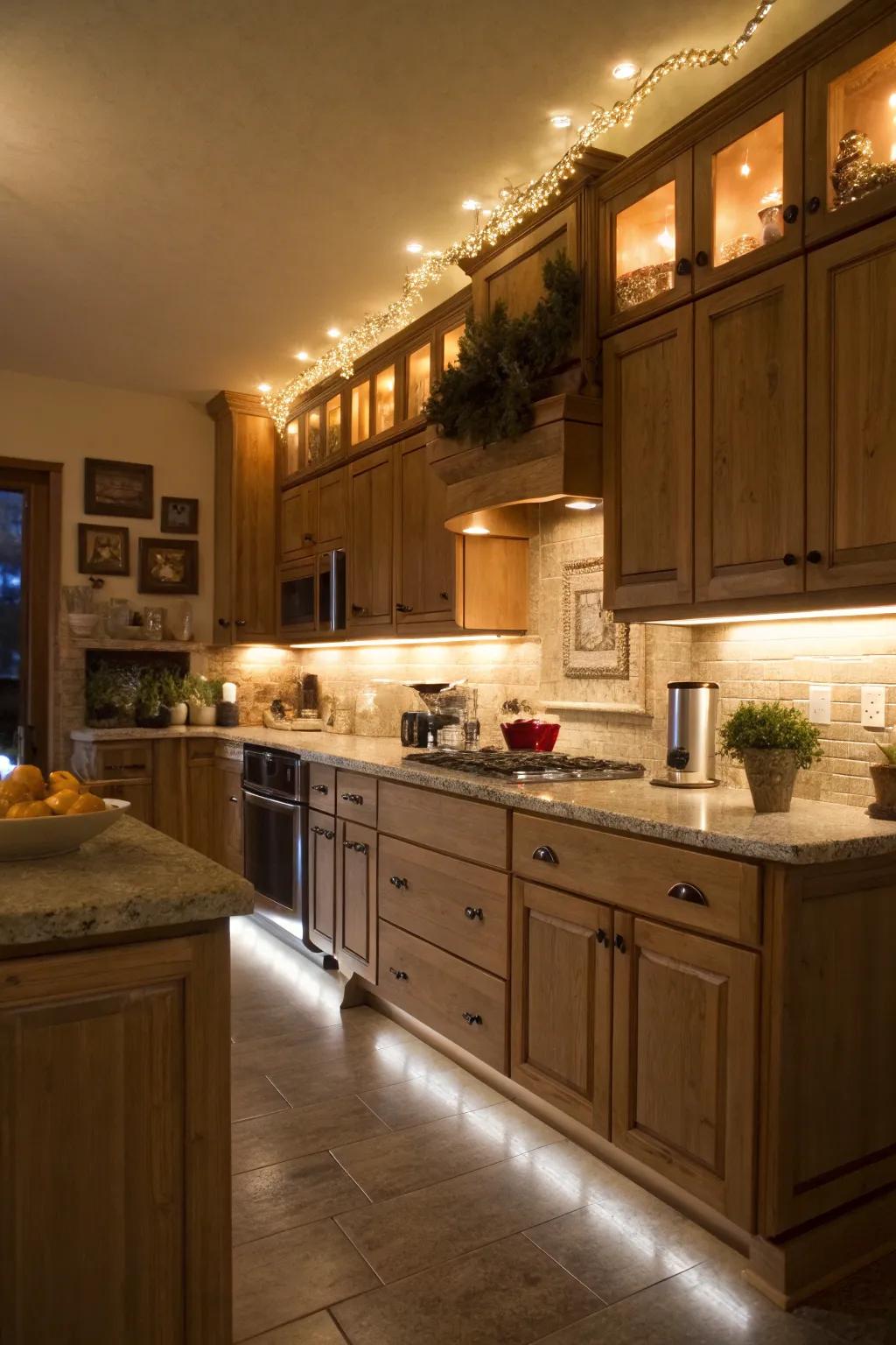 Warm-toned lamps create a cozy and inviting kitchen atmosphere.