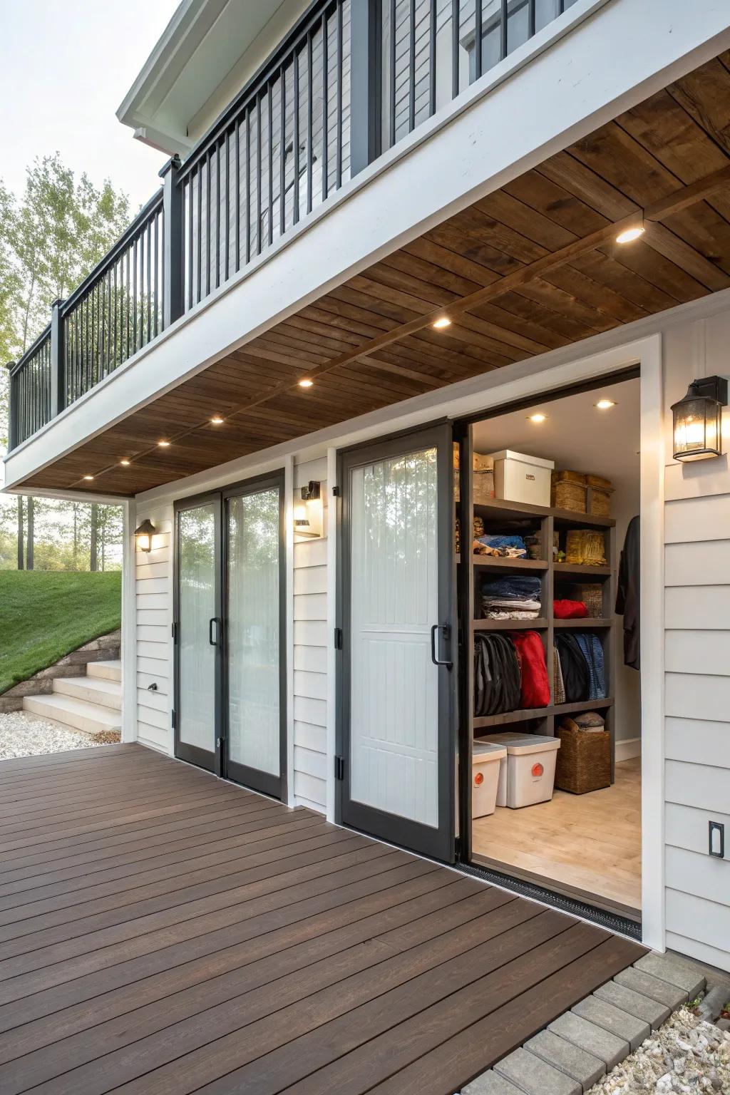 Entry doors lend ease and design to under-deck storage zones.