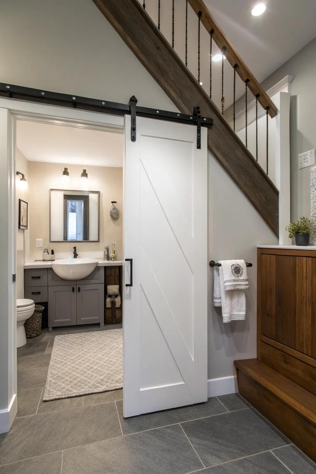 A below-stairs washroom with a sleek sliding panel for space-saving access.