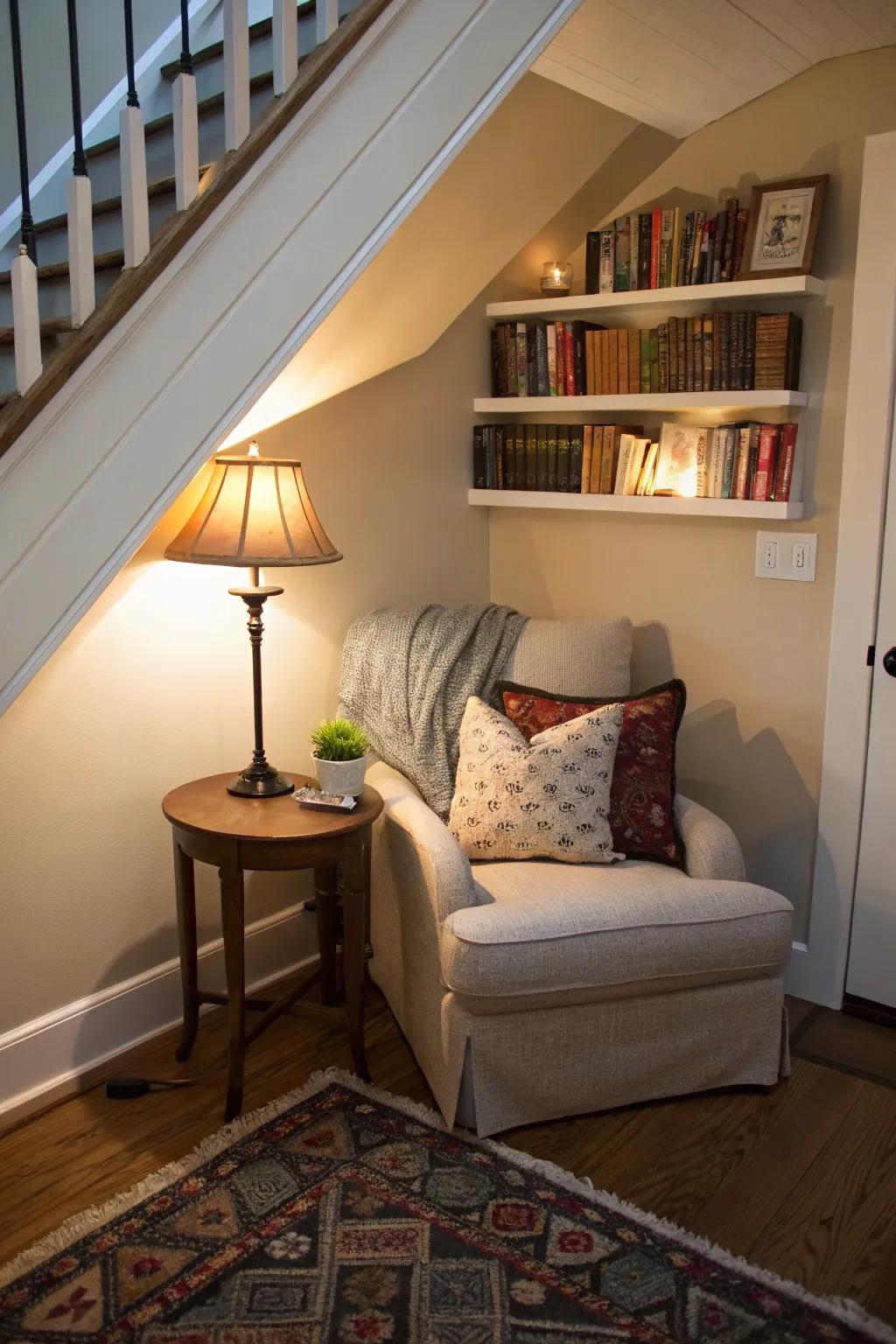 Your personal reading retreat under the stairs.