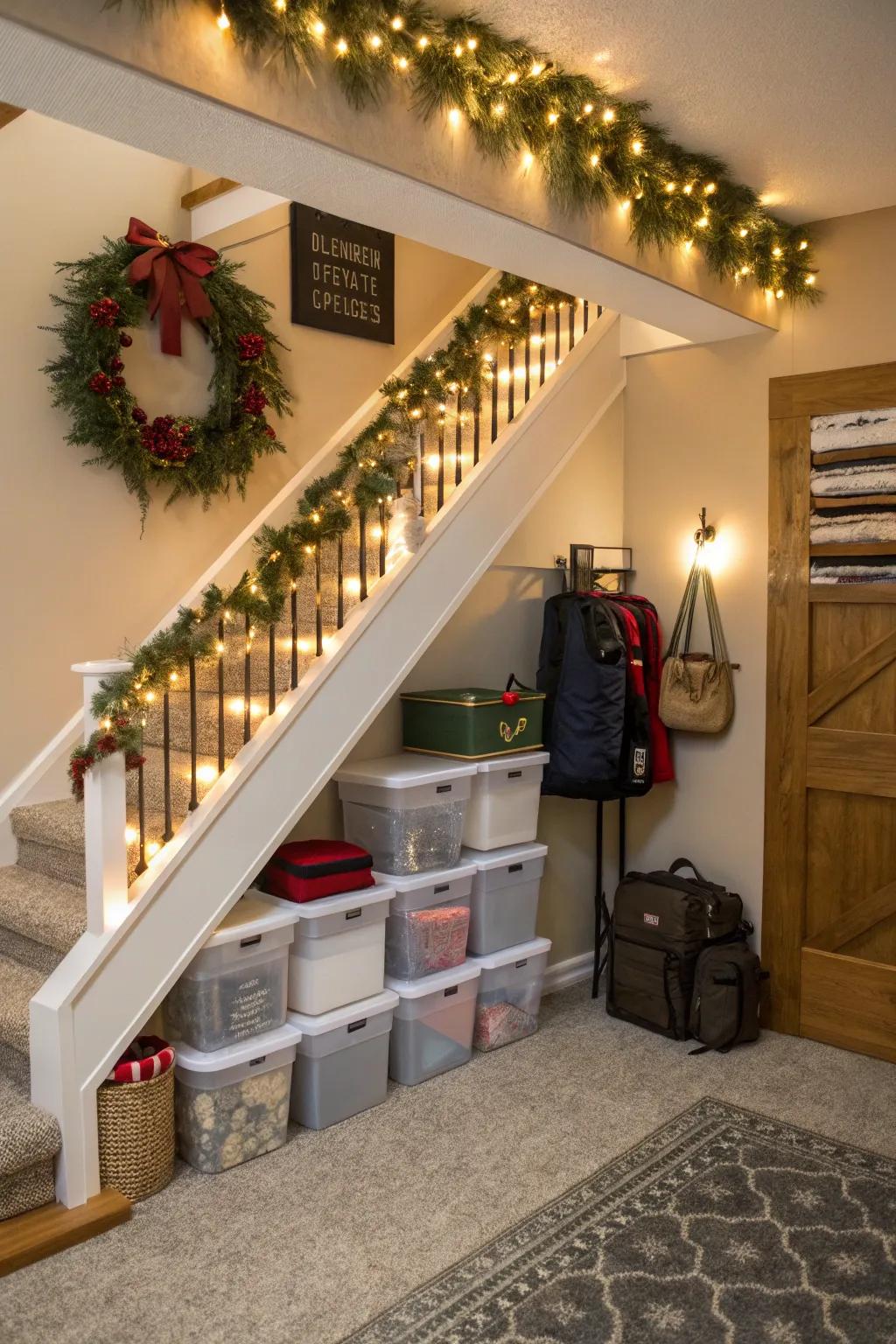 Seasonal storage beneath the staircase aids in the maintenance of a pristine home environment.
