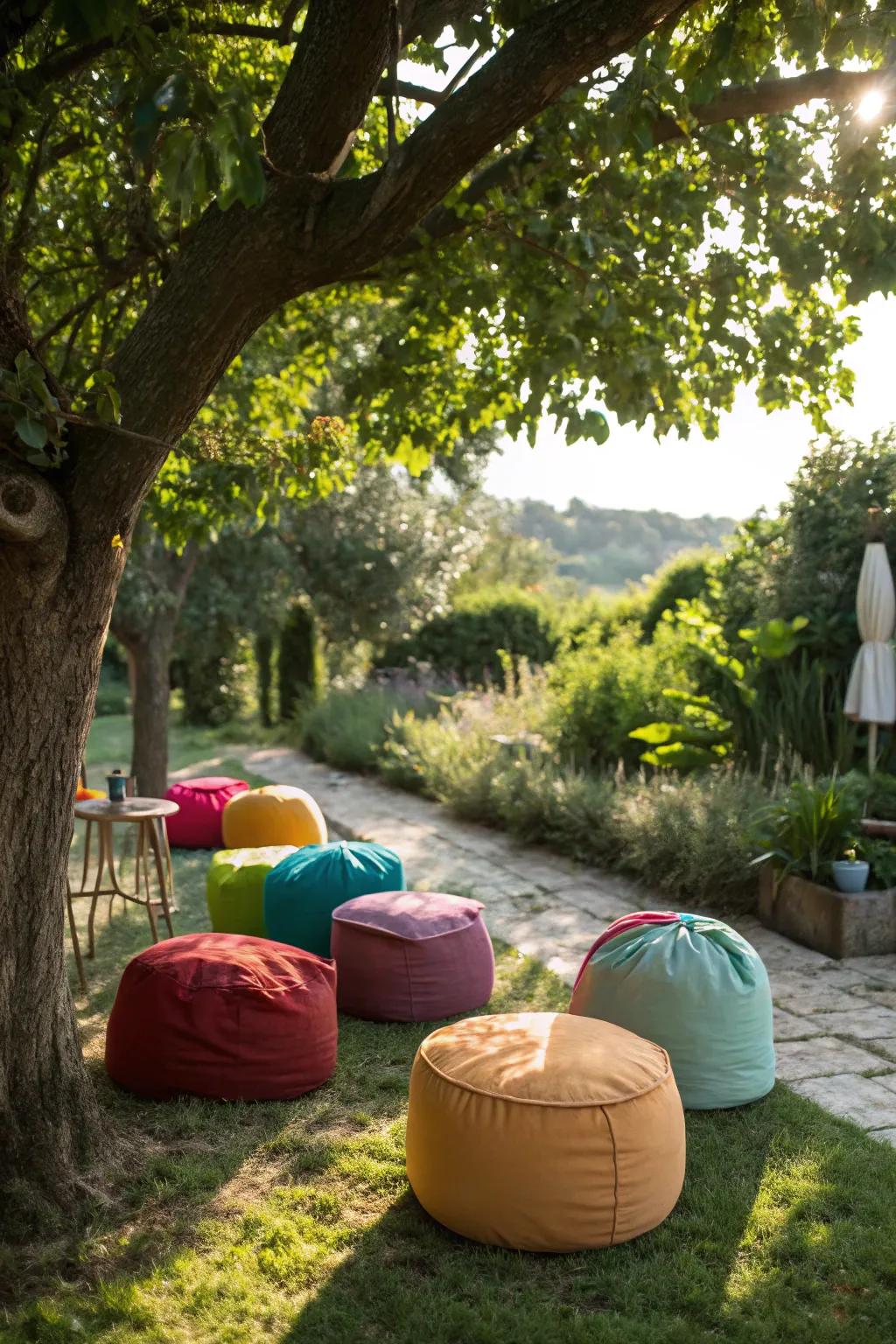 Colorful poufs bestow delight and adaptability to your outdoor expanse.