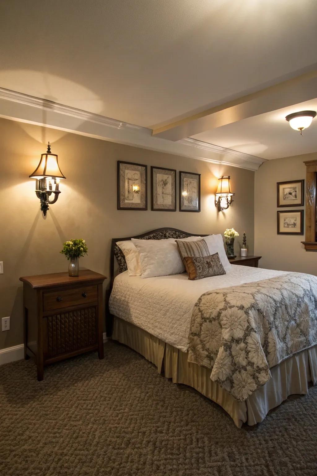 Wall sconces can afford gentle, flattering illumination within your basement bedroom.
