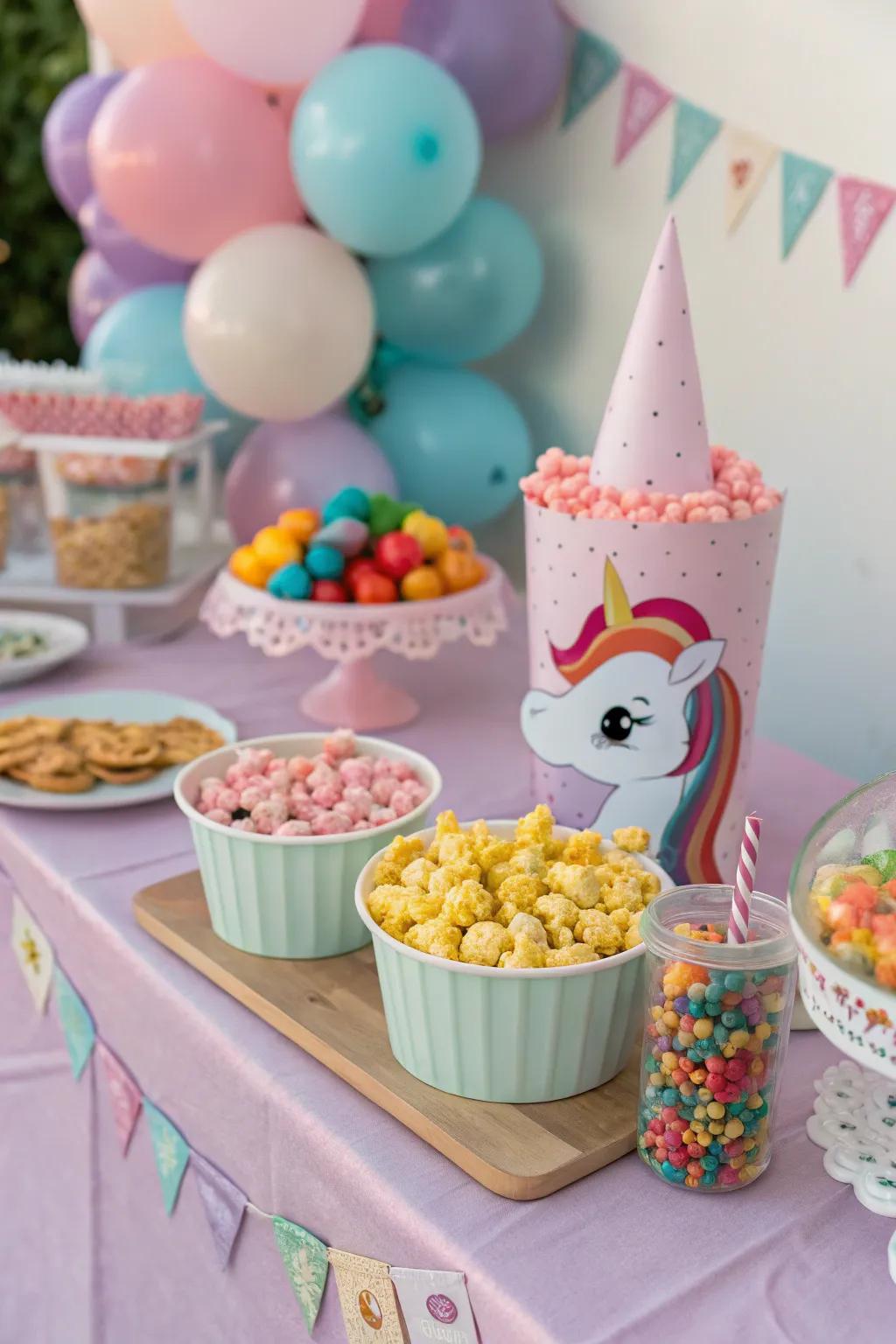 A magical unicorn snack station with colorful treats.