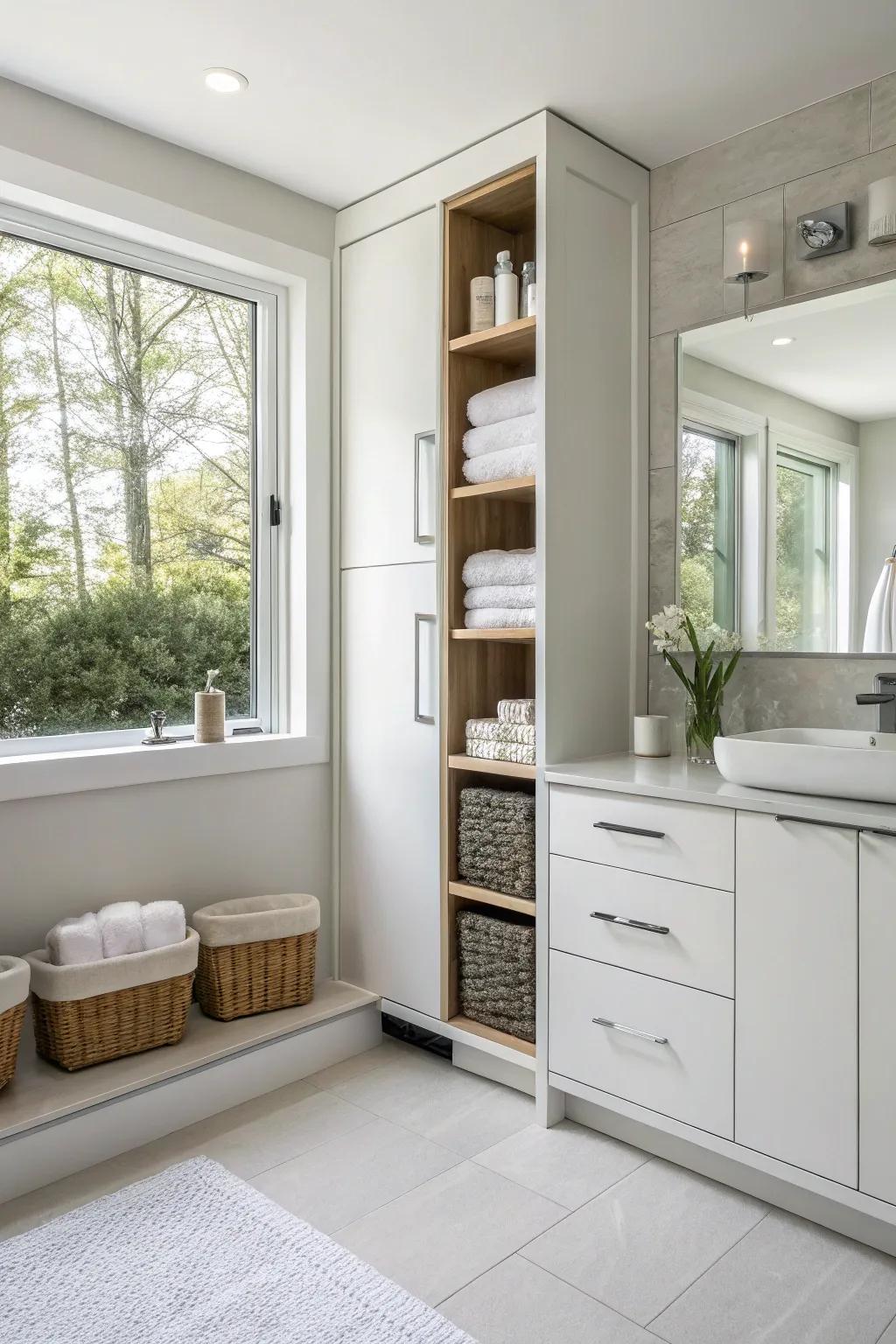 Innovative organizing maintains the bathroom arranged and efficient.