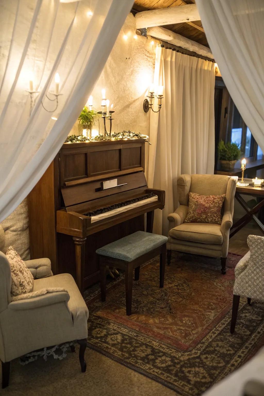 A comfortable nook featuring an upright piano, comfortable seating, and gentle lighting.