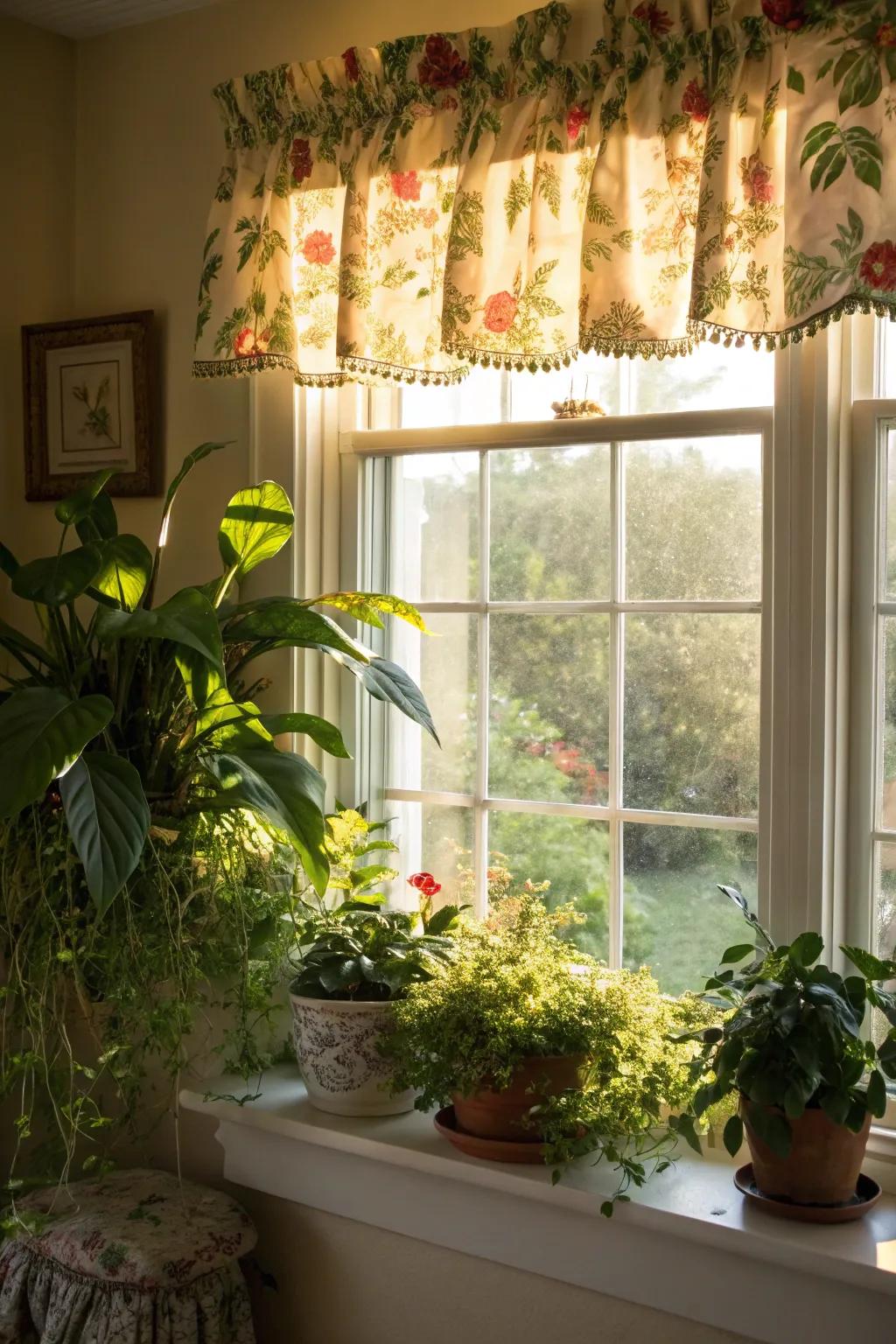 A window exhibiting a botanical valance within a sunny, plant-filled chamber.
