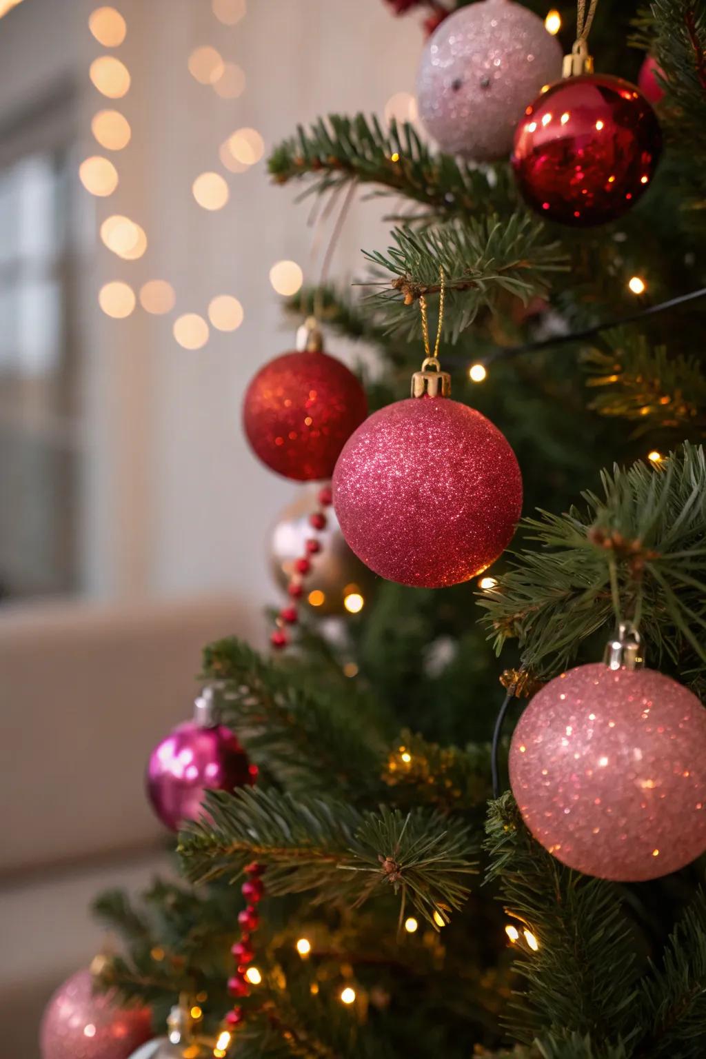 Glittery ornaments introduce radiance and enchantment to your tree.