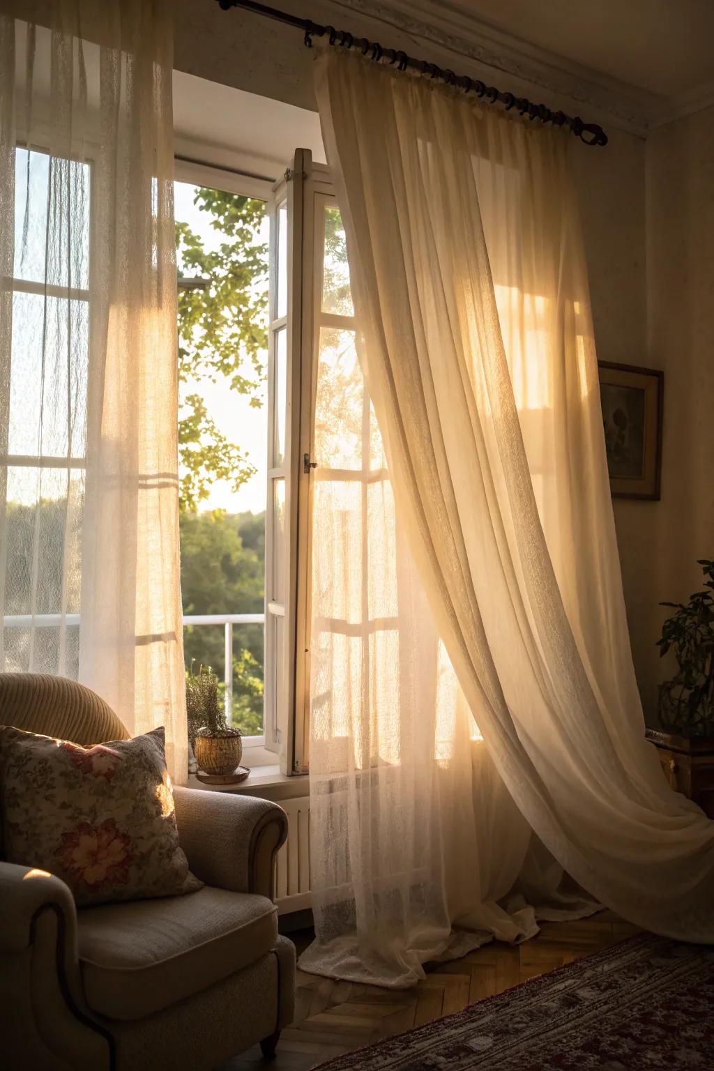 Sheer curtains create a dreamy, romantic ambiance.