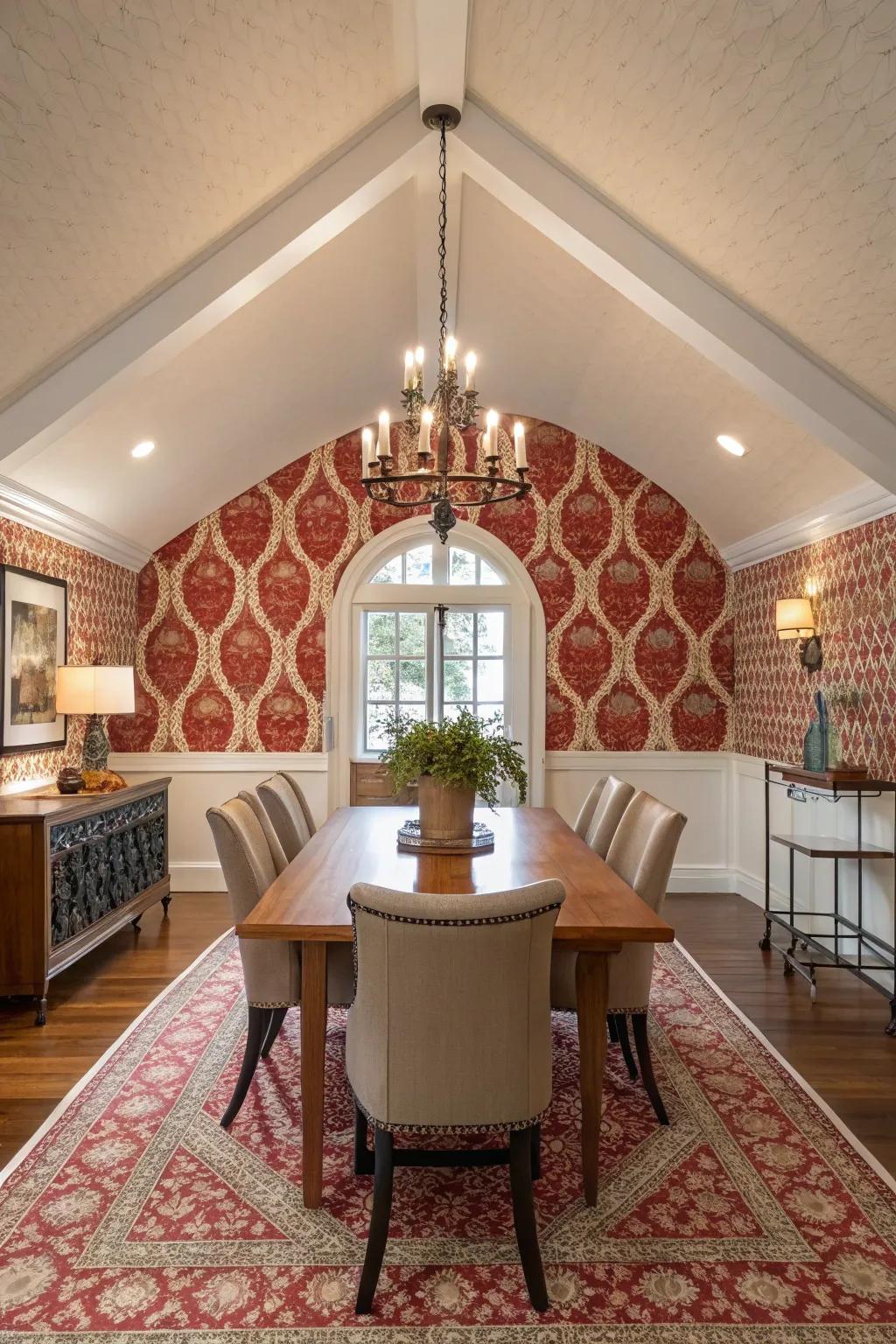 Dining room featuring a vaulted ceiling and an audacious wallcovering accent wall