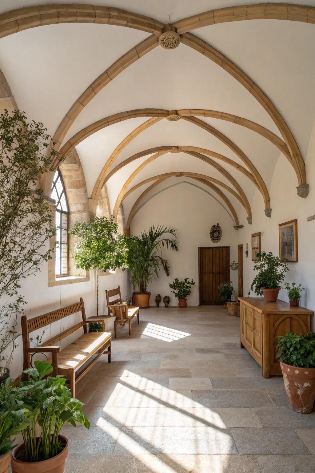 Naturally inspired design featuring bent beams embellishing a vaulted ceiling.