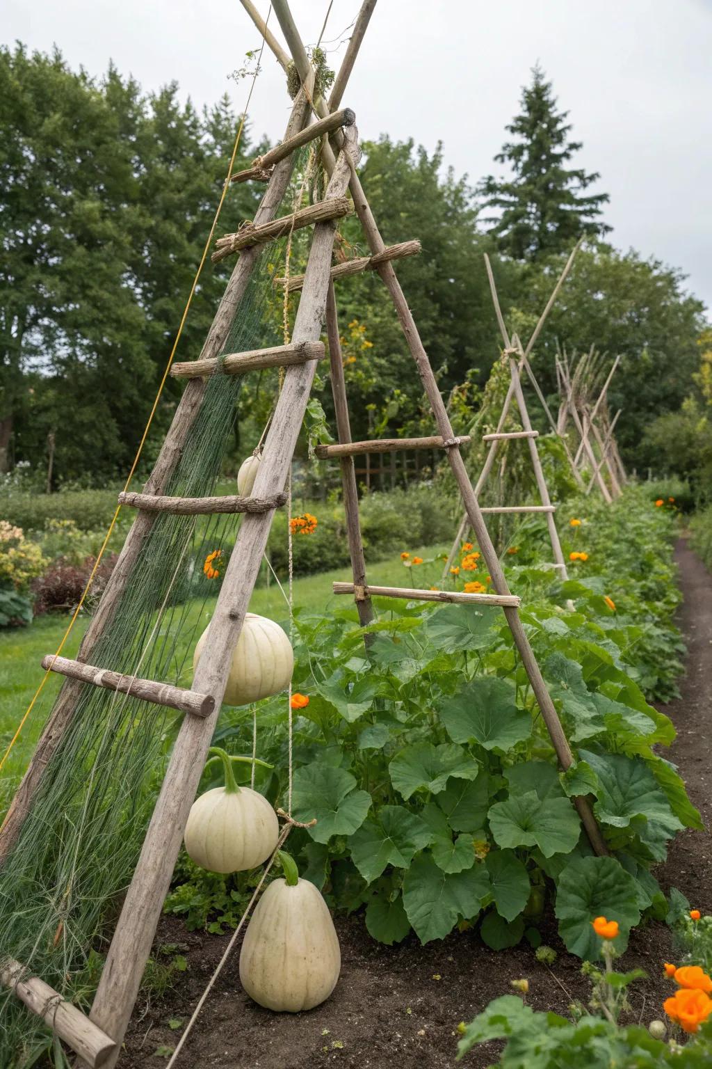 Slanted trellises are excellent for supporting heavy crops.