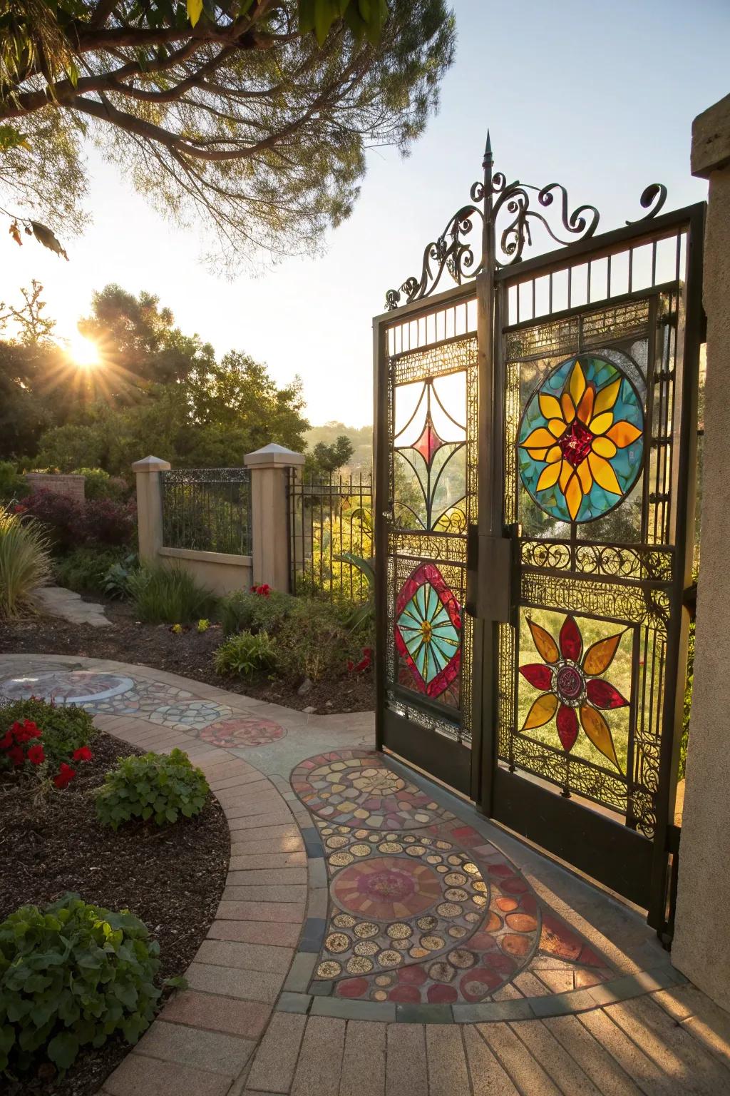 Colored glass panels that introduce a splash of color to the gate.