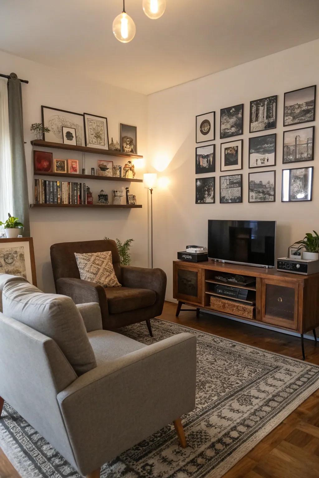 A living space exemplifying a synthesis of vintage and modern ornamental constituents.