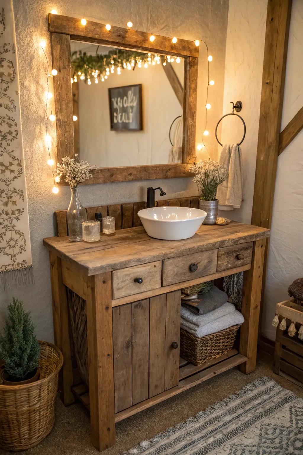 Salvaged timber imparts a rustic and distinctive trace to antique dressing tables.
