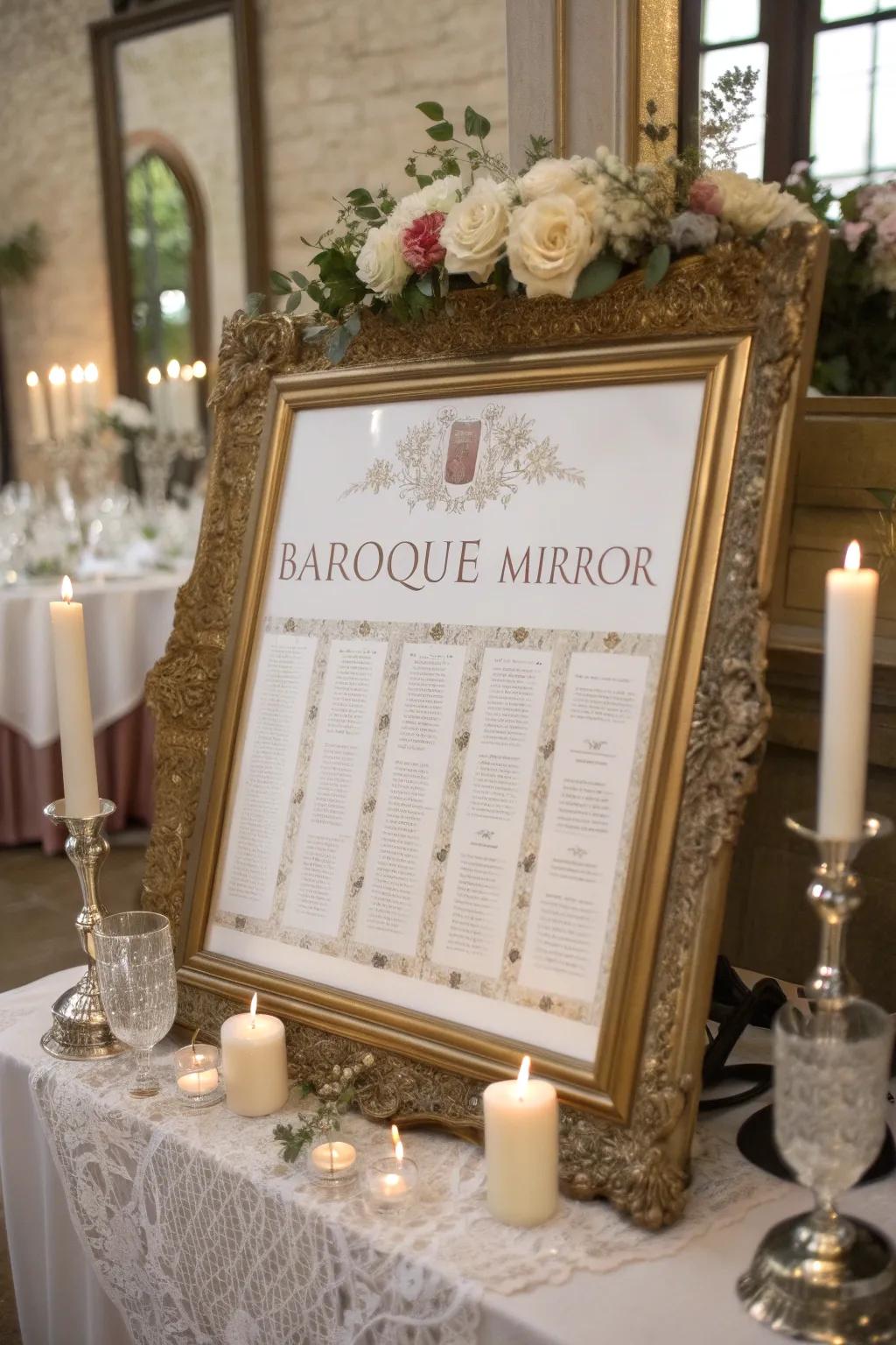 A reflective gilded piece elegantly showcasing the seating chart.