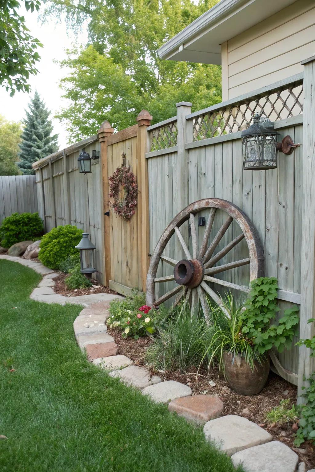 A carriage wheel artistically incorporated into a backyard fence, introducing visual intrigue.