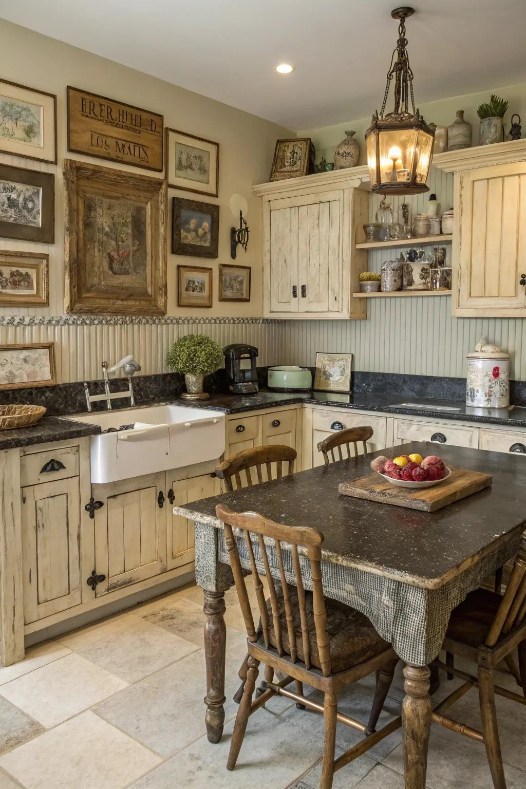 A cookery featuring vintage-inspired distressed paneling.