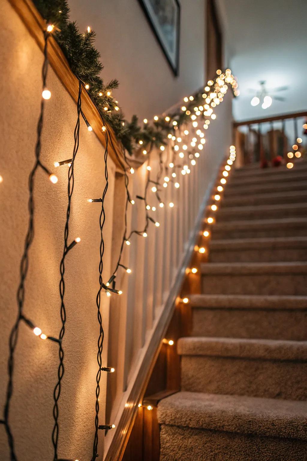 Filament lights infuse a hint of enchantment into your staircase wall.