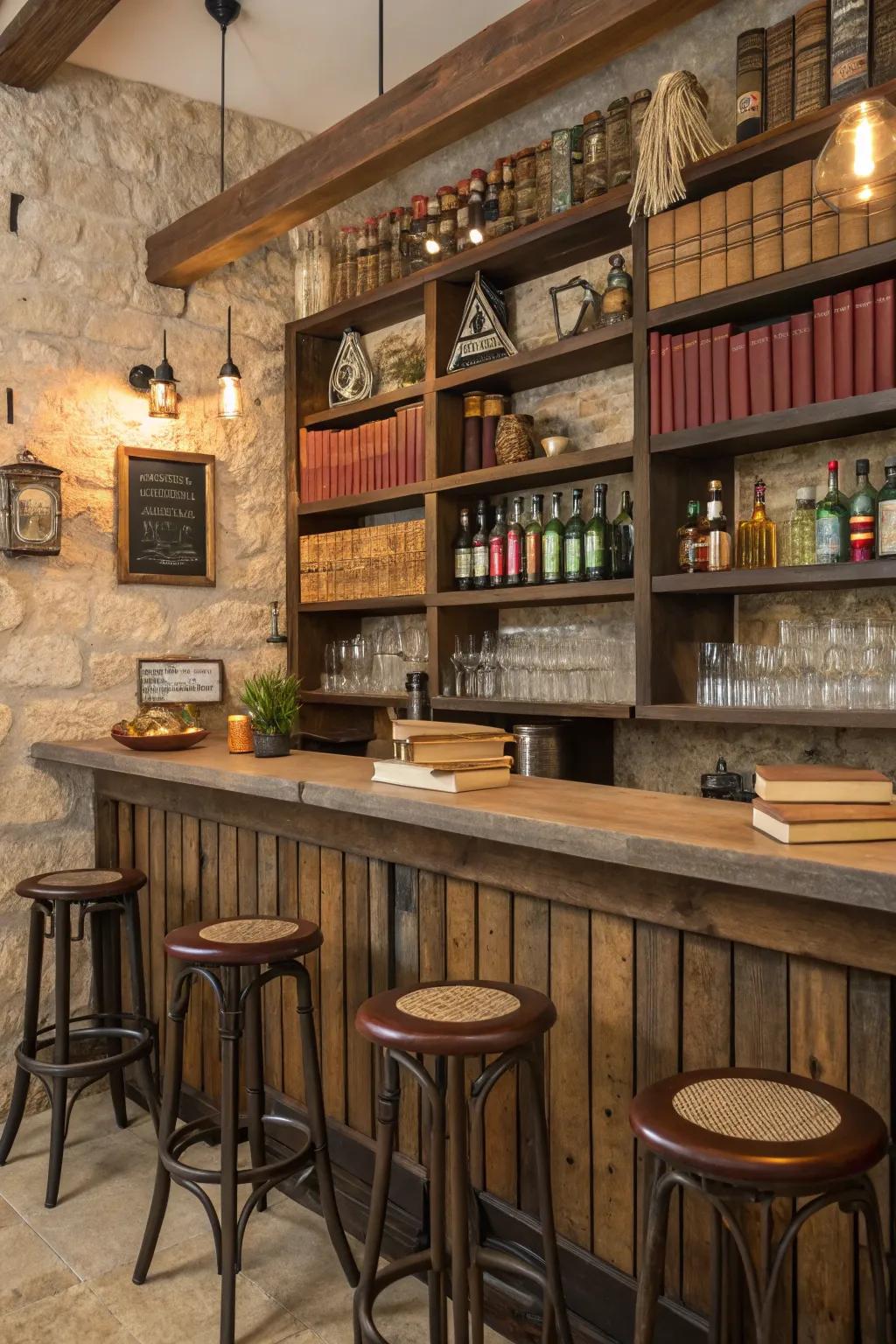 Reclaimed timber appends vintage charm and persona to your wall bar.