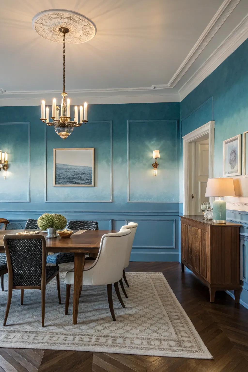 Gradient walls contribute a soothing aspect to a dining space.