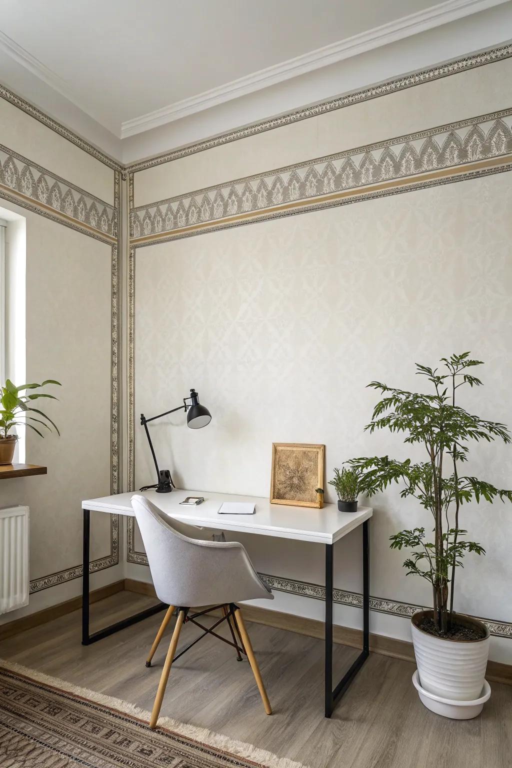 A minimalist workspace accentuated by an uncomplicated, sophisticated wallpaper border.