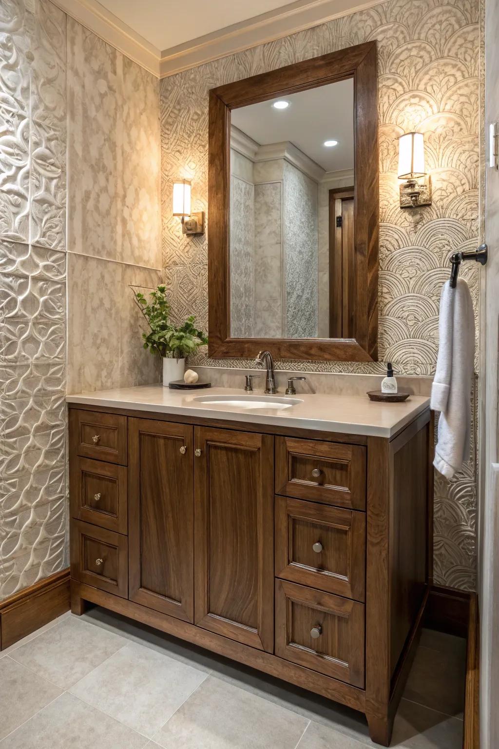 Introduce nuance and aesthetic interest with textured wall panels behind your vanity.