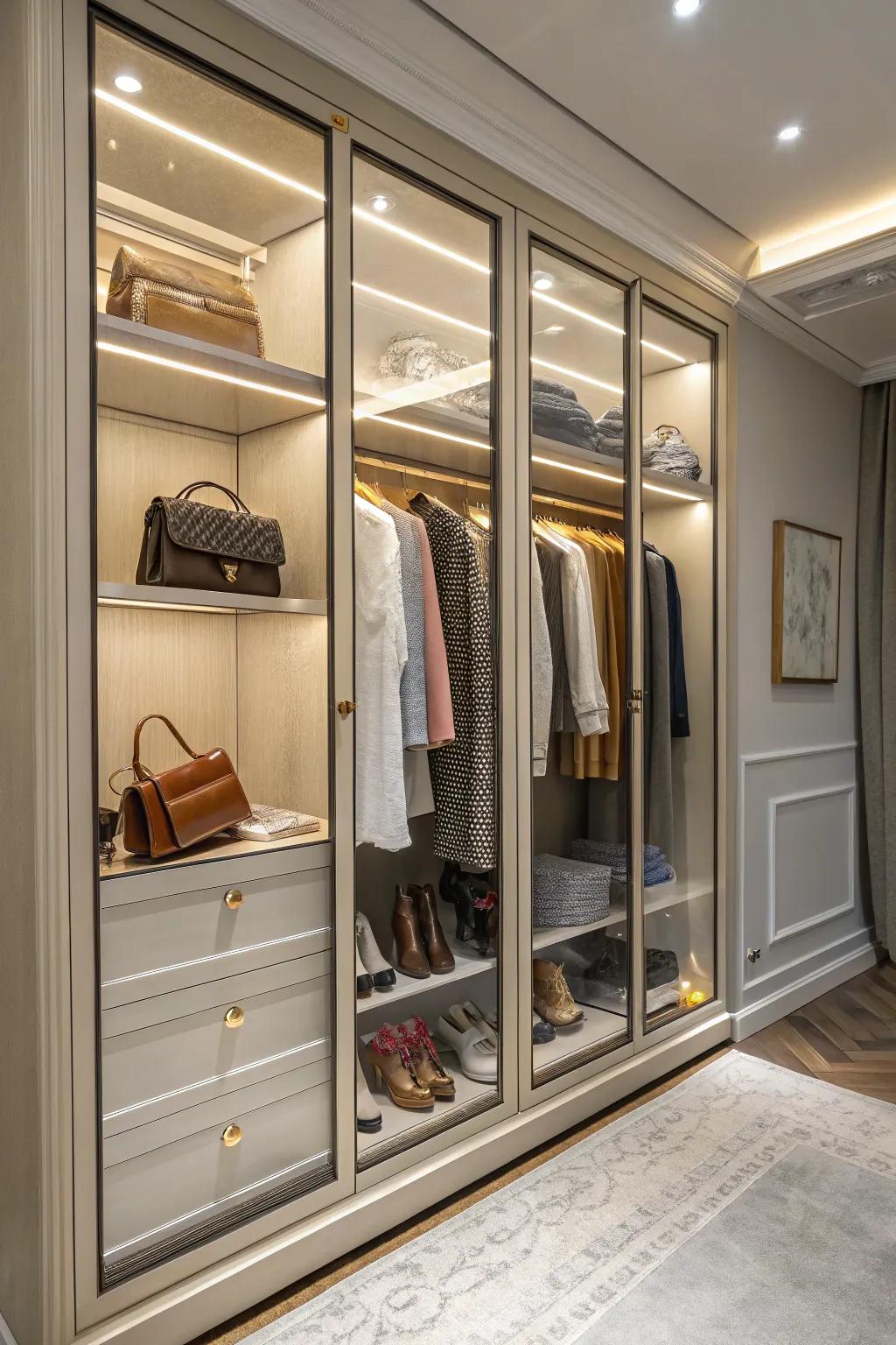 Glass fronts bring a modern touch to closet interiors.