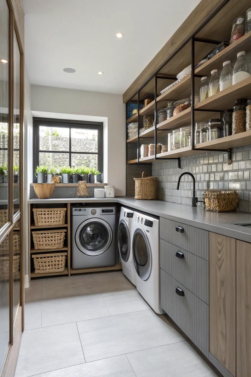 Shelving encompassing appliances enhances storage capacities within a culinary setting.