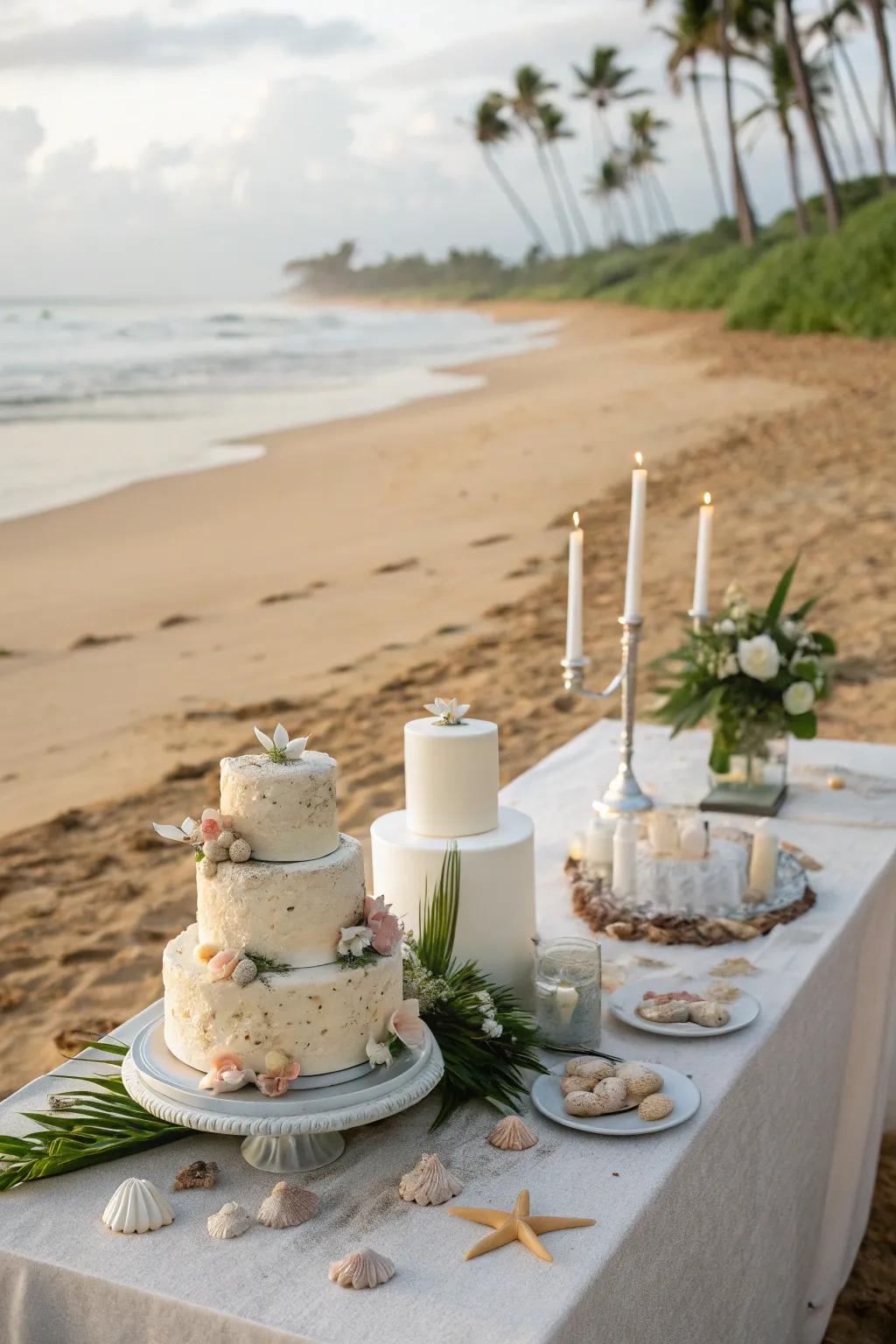 A coastal-themed wedding cake table with seashells and sand.