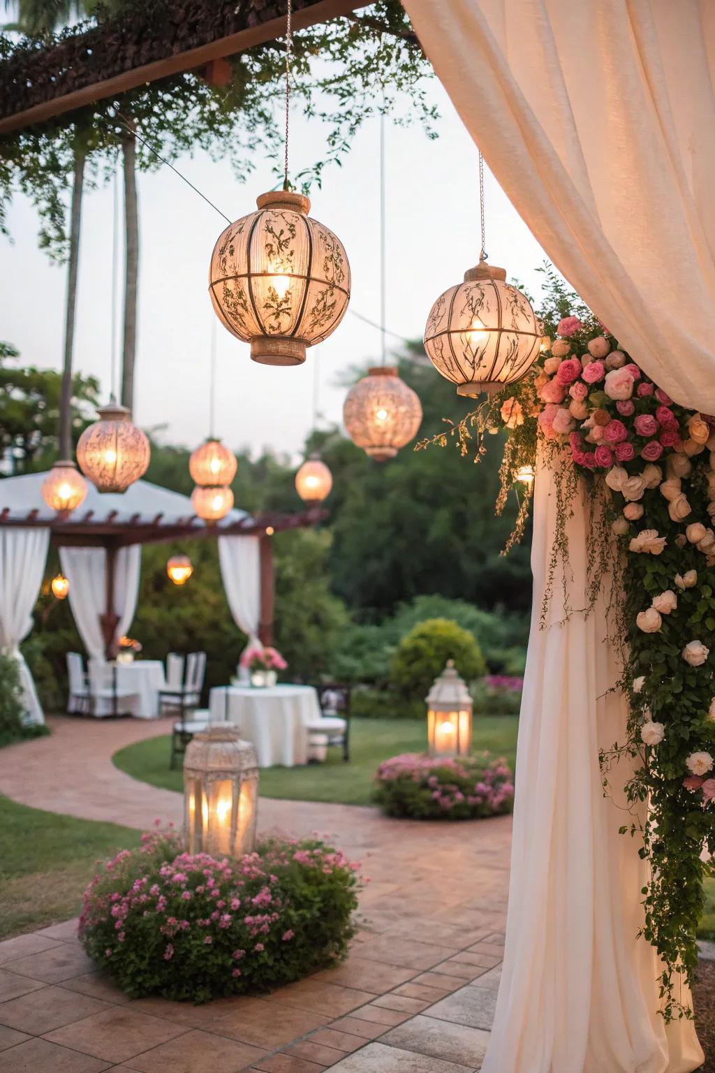 Suspended globes infuse whimsy into the wedding decor.