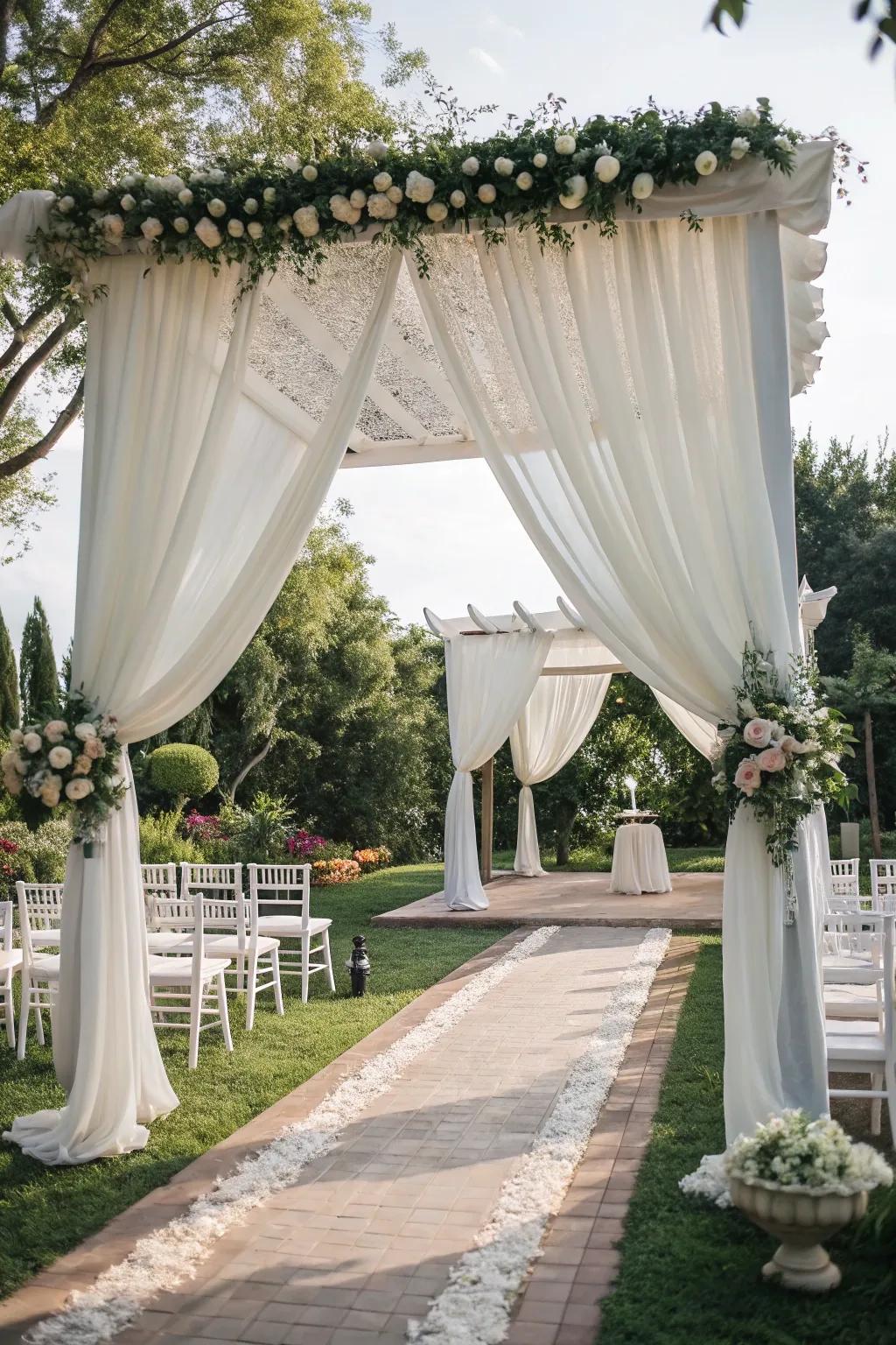 Craft an elegant outdoor arrangement through drapery establishing a tent impression.