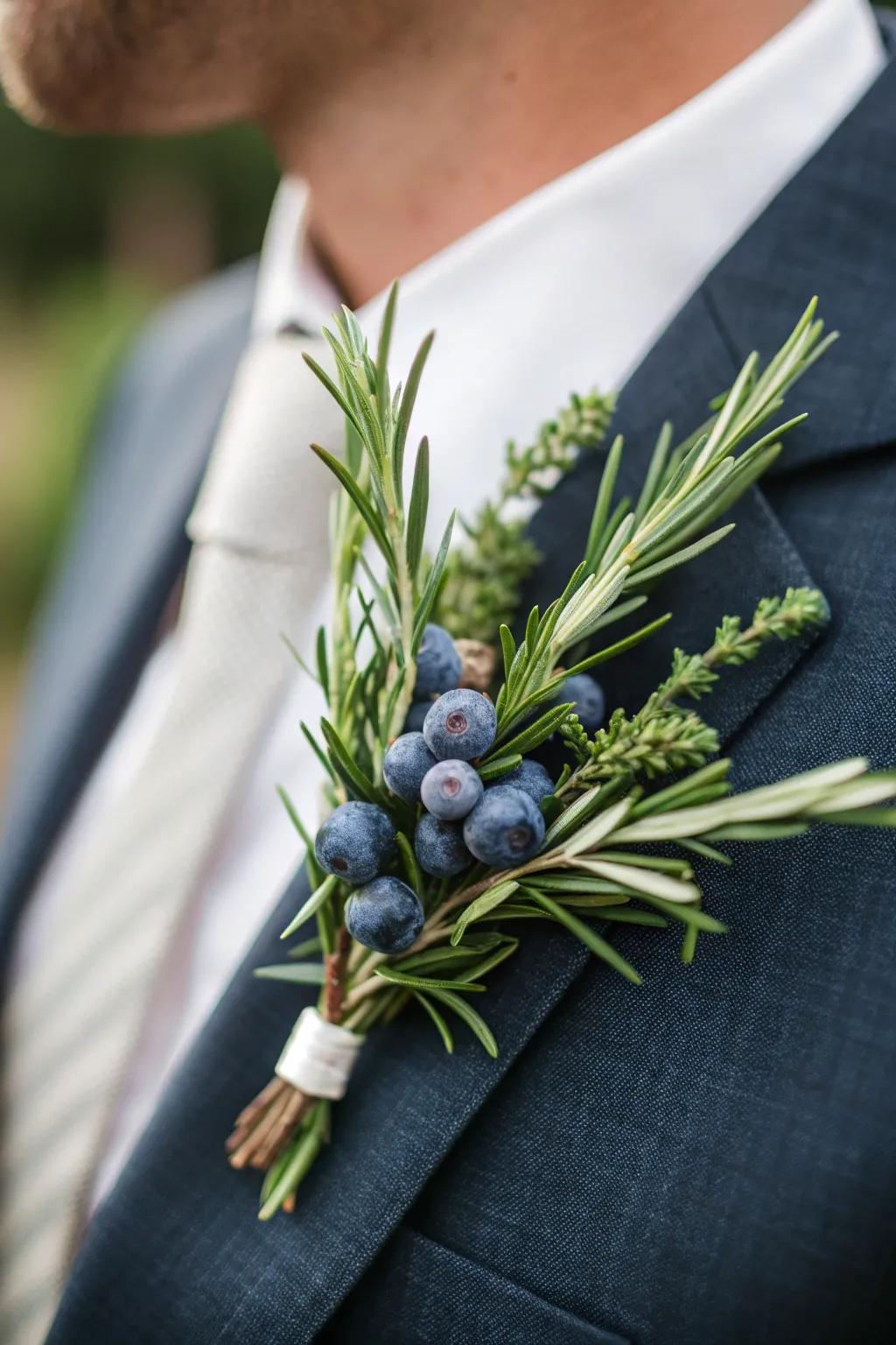 Distinctive lapel adornment featuring rosemary and blueberries